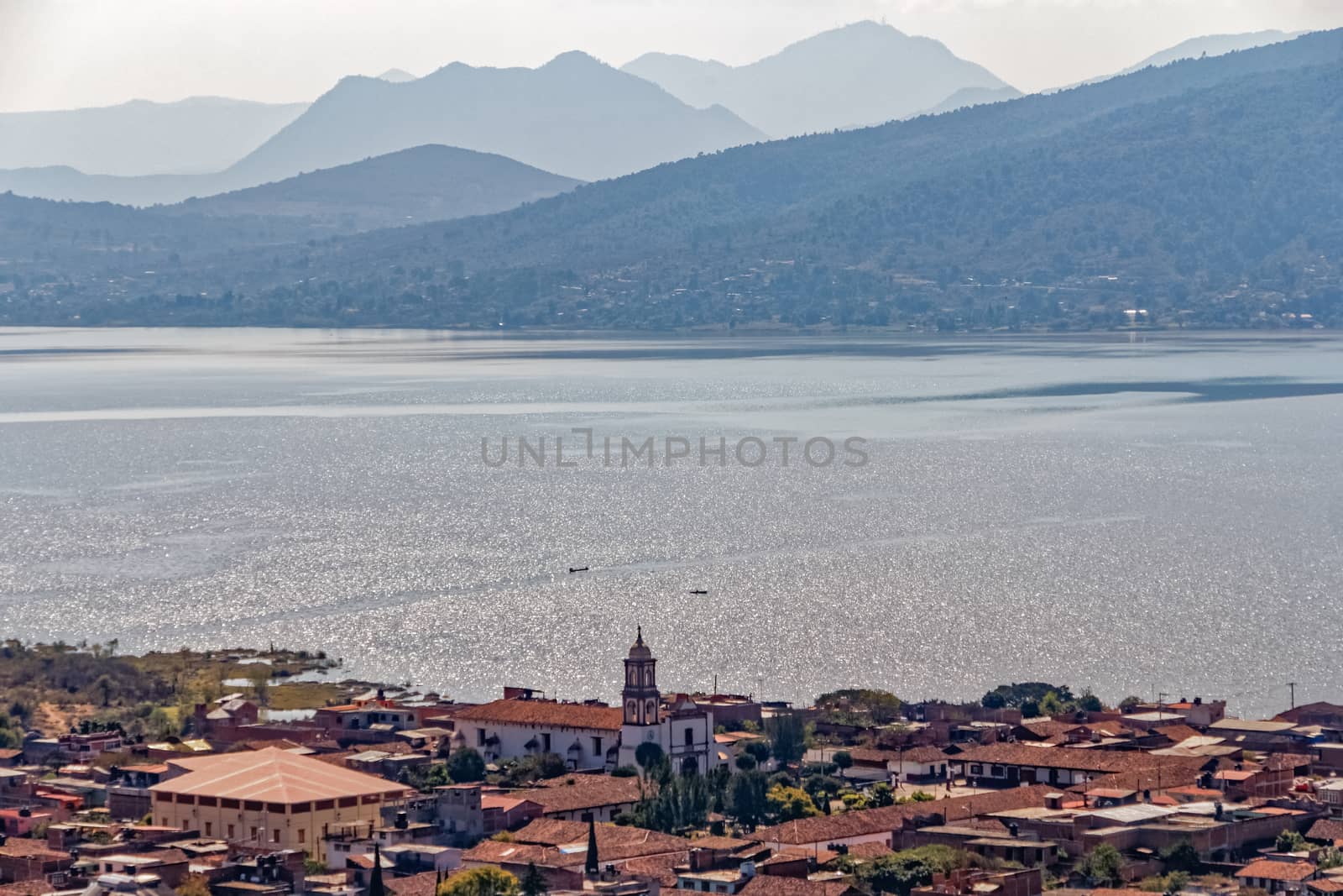 The scenic view of Lake Patzcuaro from a hill of the village of San Jerónimo Purenchécuaro, Michoacan, Mexico
