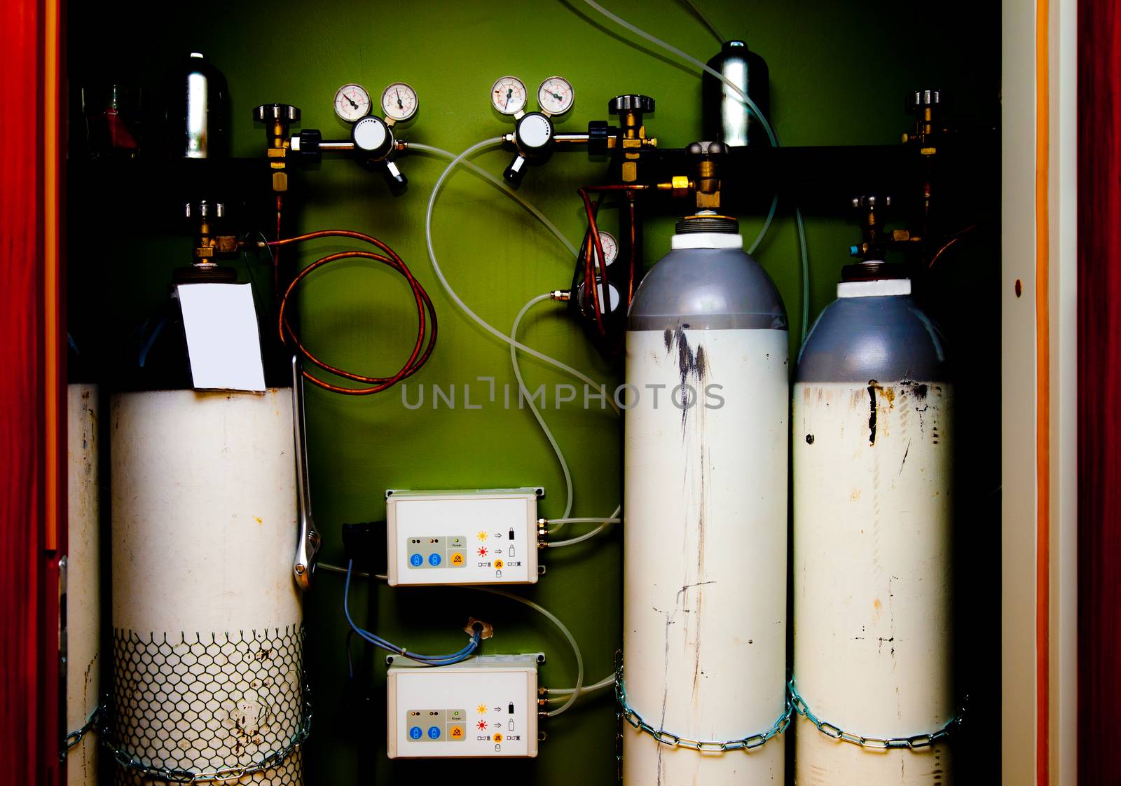 Bottles and controls of a high pressure gas station for medical gases.