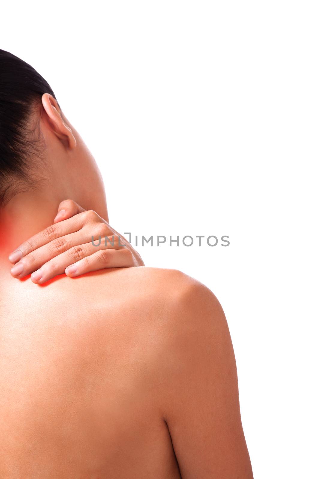 Woman with pain in the neck on white.