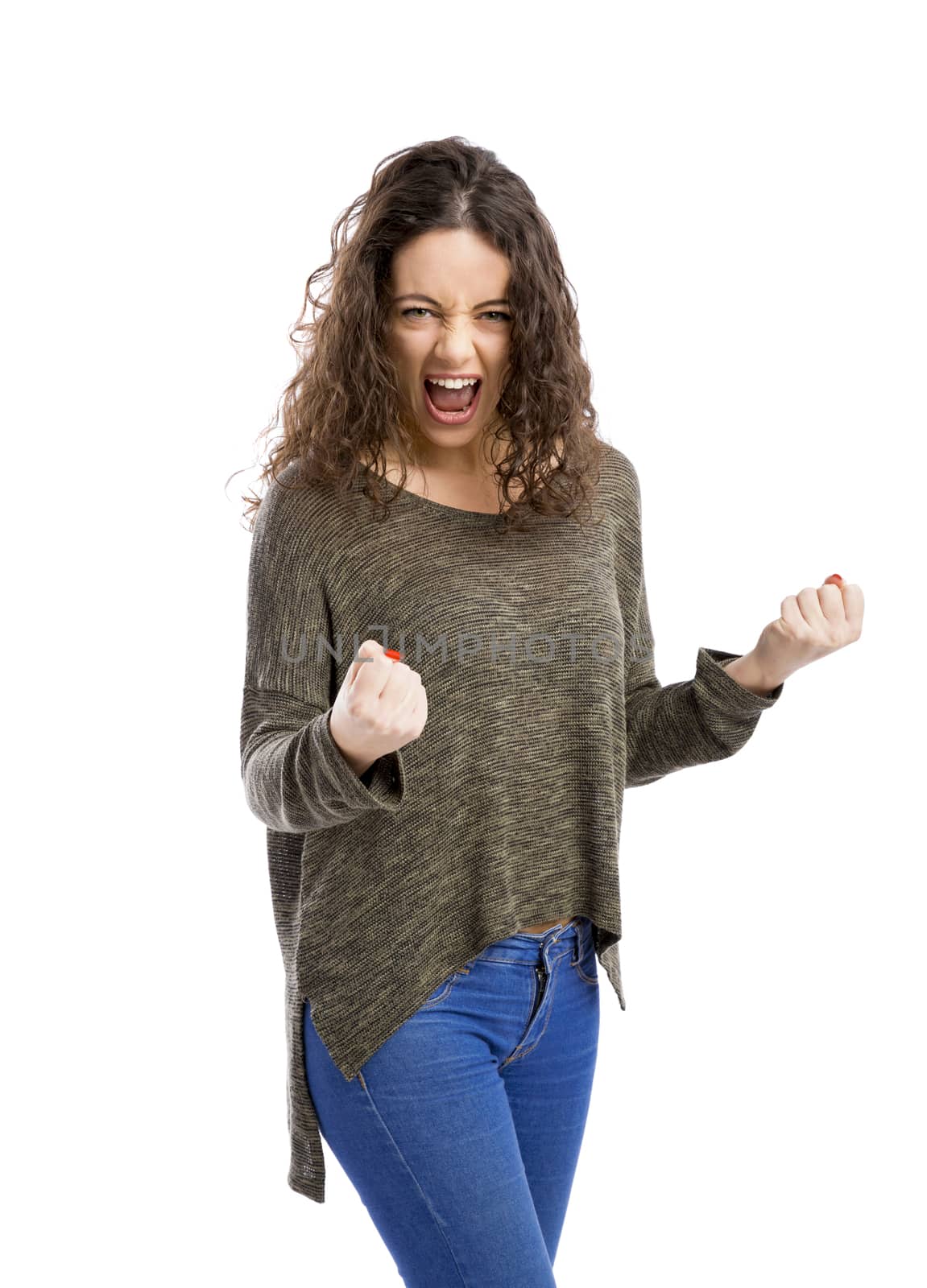 Beautiful and happy woman with both arms, isolated over white background 