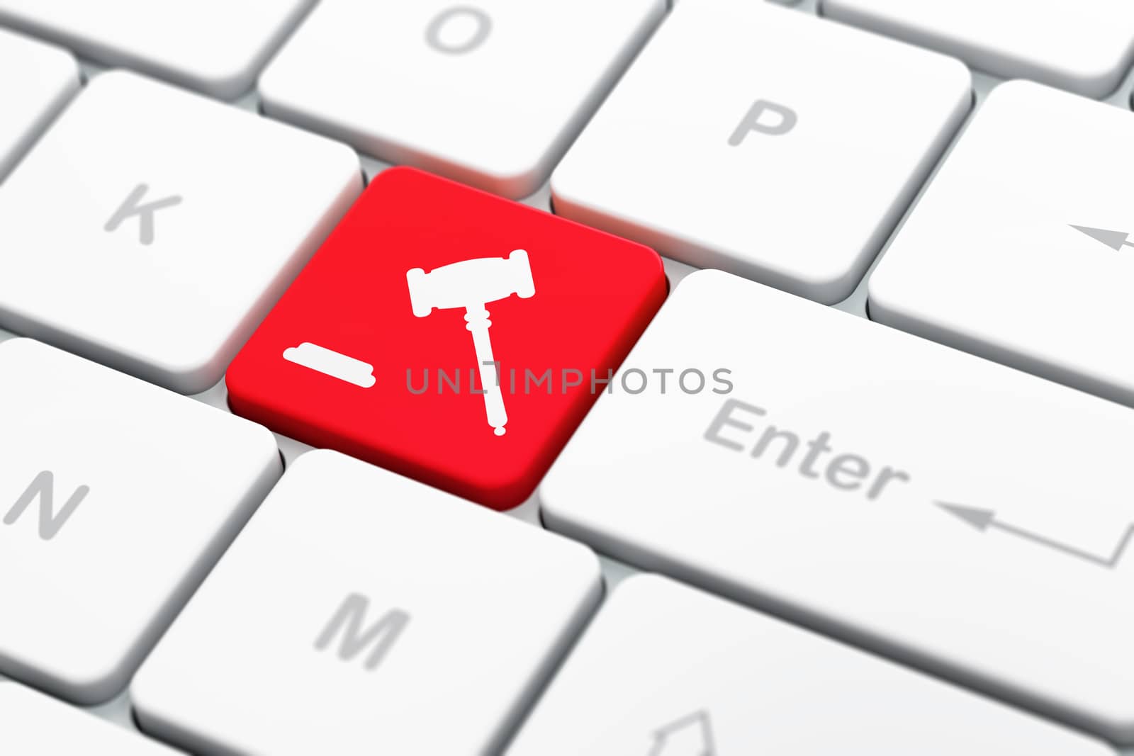 Law concept: computer keyboard with Gavel icon on enter button background, selected focus, 3D rendering