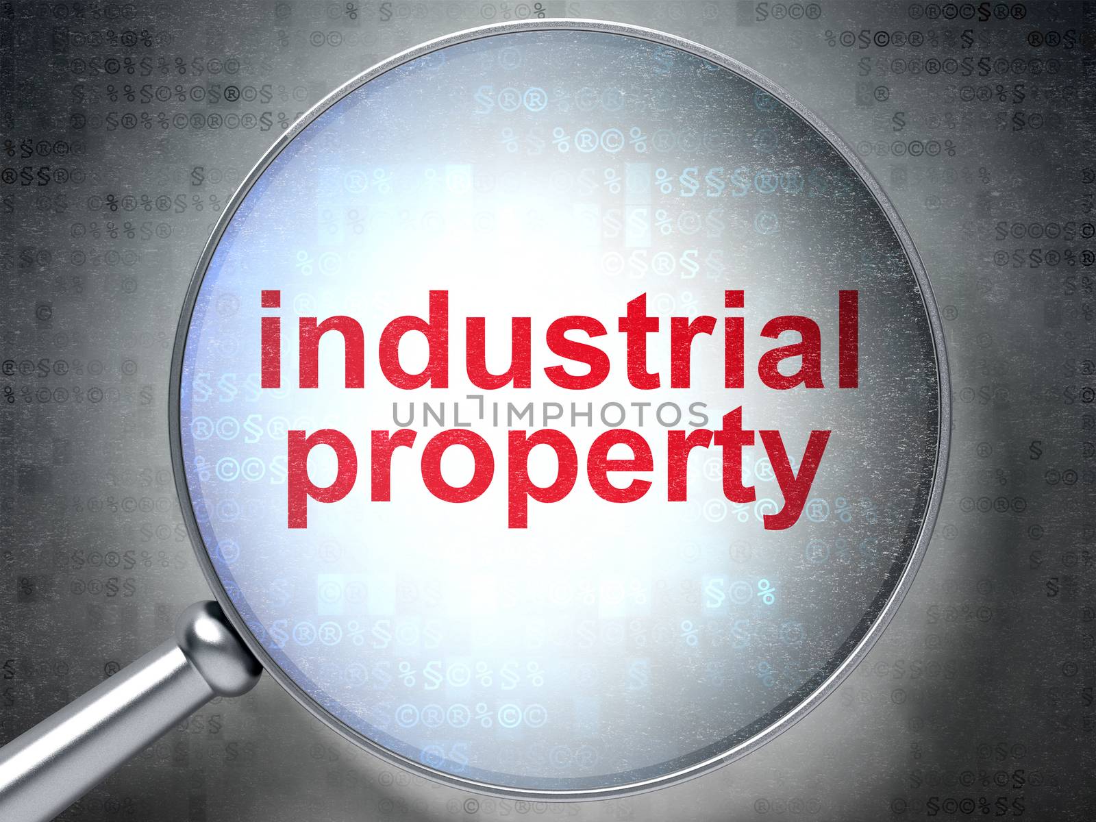Law concept: magnifying optical glass with words Industrial Property on digital background, 3D rendering