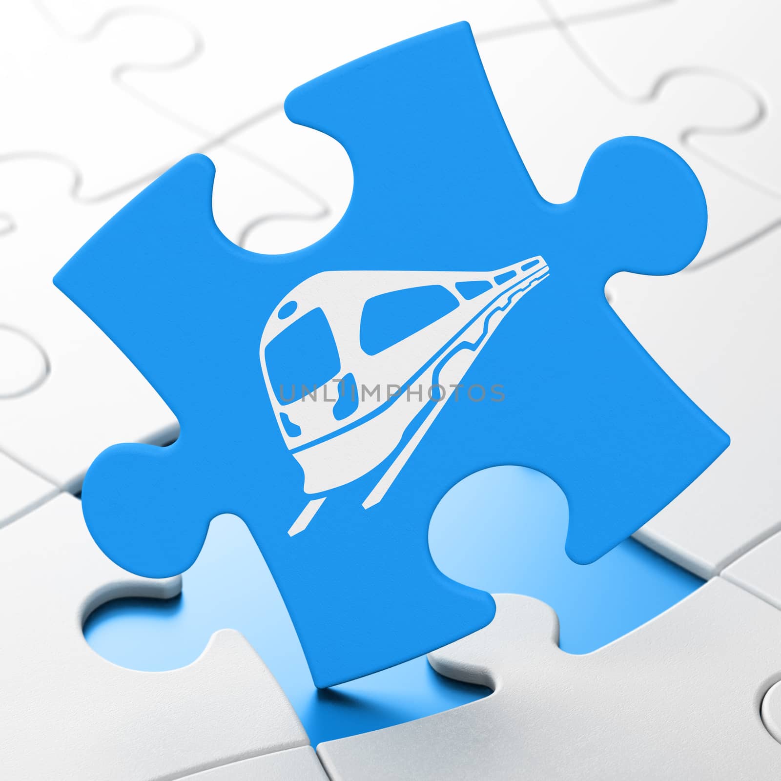 Travel concept: Train on Blue puzzle pieces background, 3D rendering