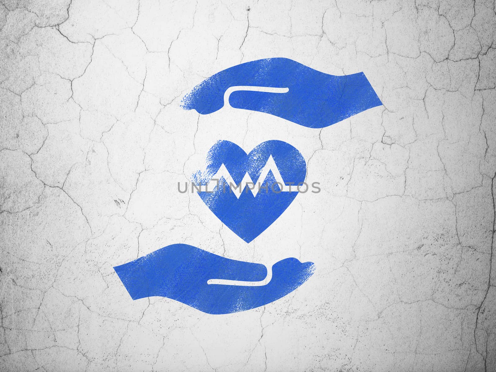 Insurance concept: Blue Heart And Palm on textured concrete wall background