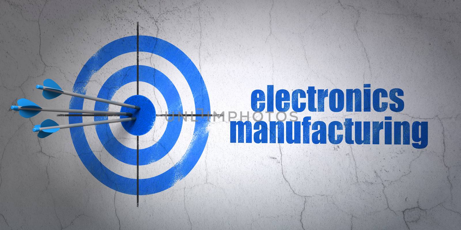 Success Manufacuring concept: arrows hitting the center of target, Blue Electronics Manufacturing on wall background, 3D rendering