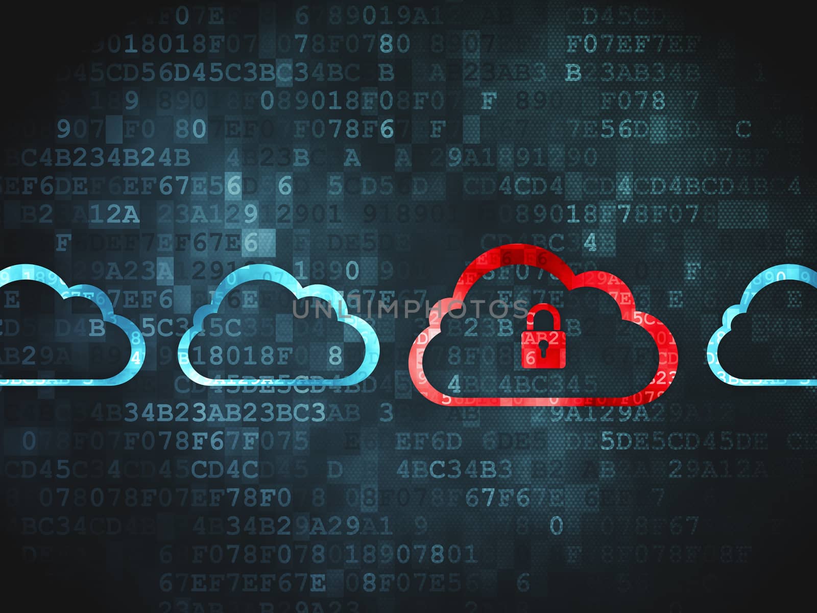 Cloud networking concept: pixelated Cloud With Padlock icon on digital background