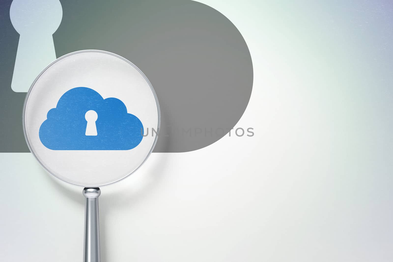 Cloud computing concept: magnifying optical glass with Cloud With Keyhole icon on digital background, empty copyspace for card, text, advertising, 3D rendering