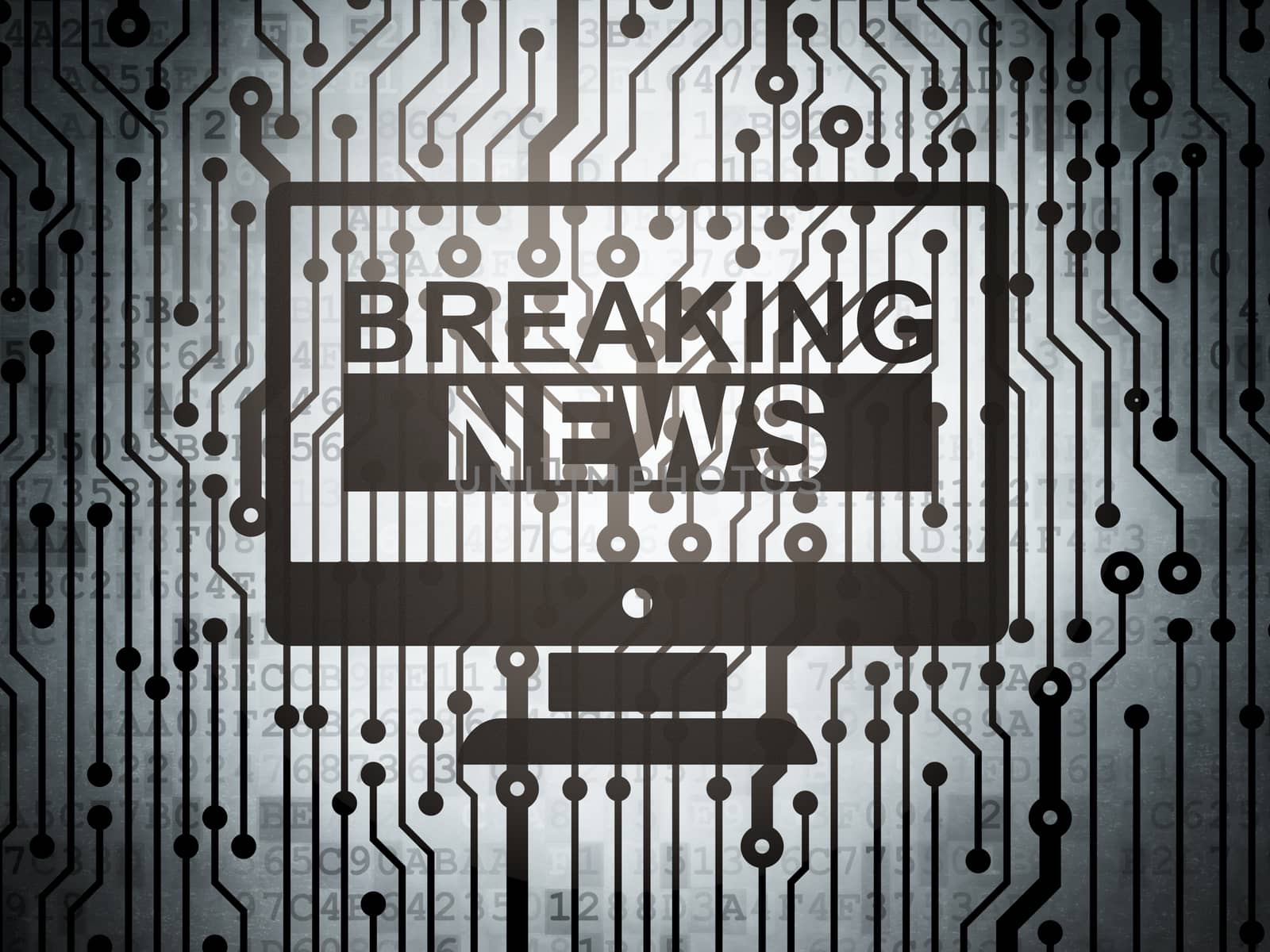 News concept: circuit board with  Breaking News On Screen icon, 3D rendering