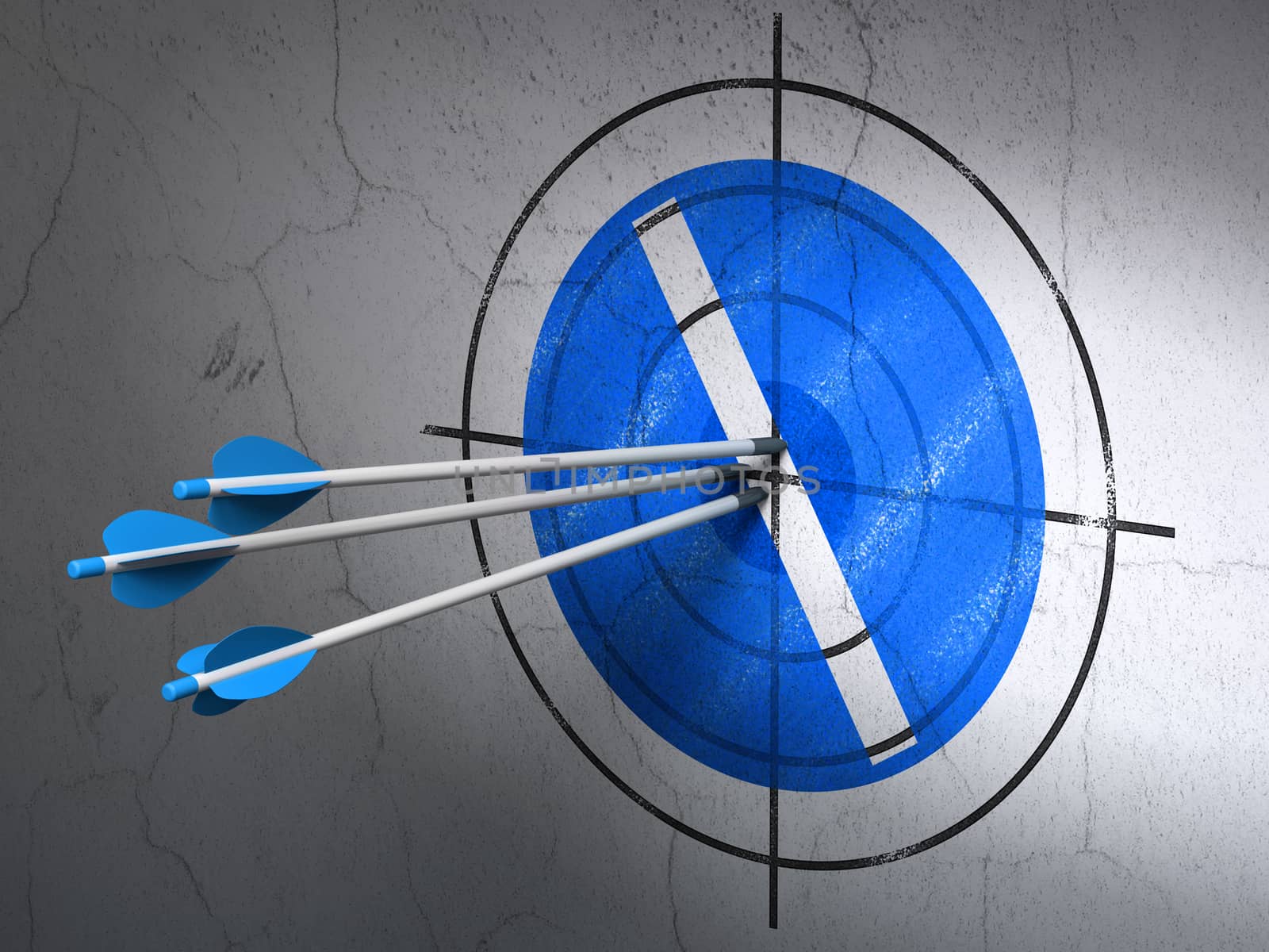 Success Medicine concept: arrows hitting the center of Blue Pill target on wall background, 3D rendering