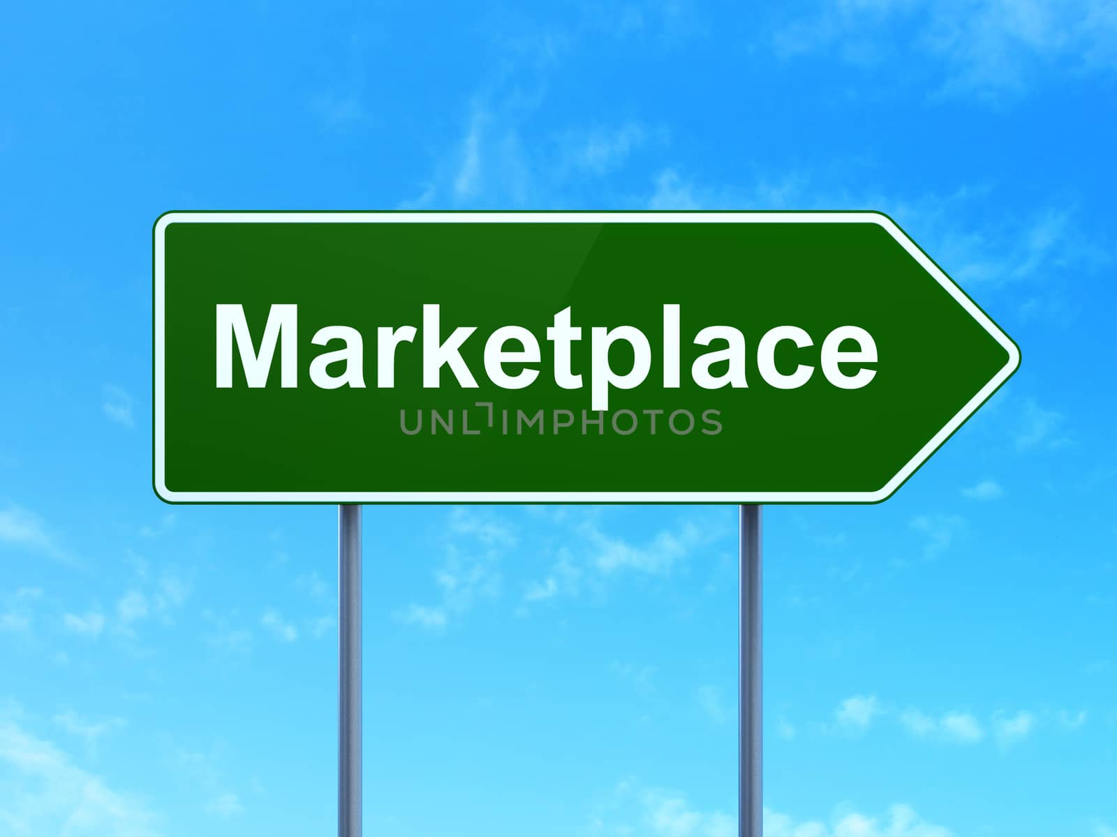 Marketing concept: Marketplace on green road highway sign, clear blue sky background, 3D rendering