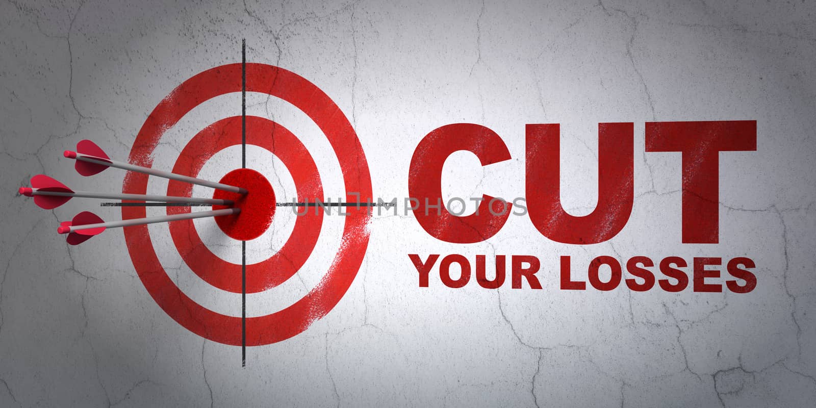 Success business concept: arrows hitting the center of target, Red Cut Your losses on wall background, 3D rendering