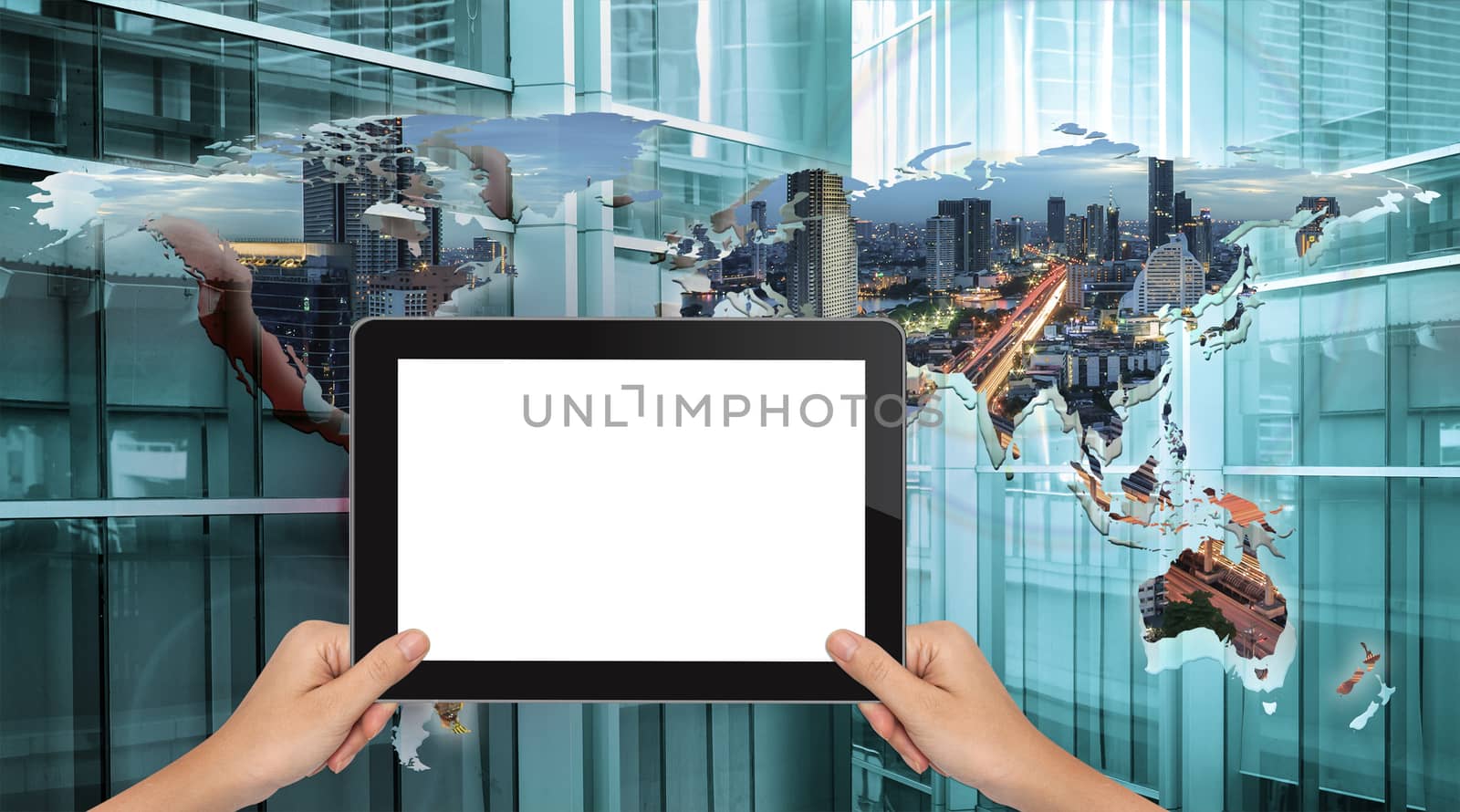 Hand shows black tablet in horizontal position on technology background - mockup template