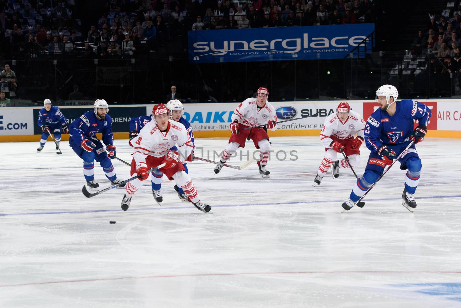 FRANCE, Paris: Danemark's Mathias From (L) in action is challenged by French defense during a friendly match between France and Denmark at the AccorHotels Arena, in Paris, on April 17, 2016. Denmark won 2-1.