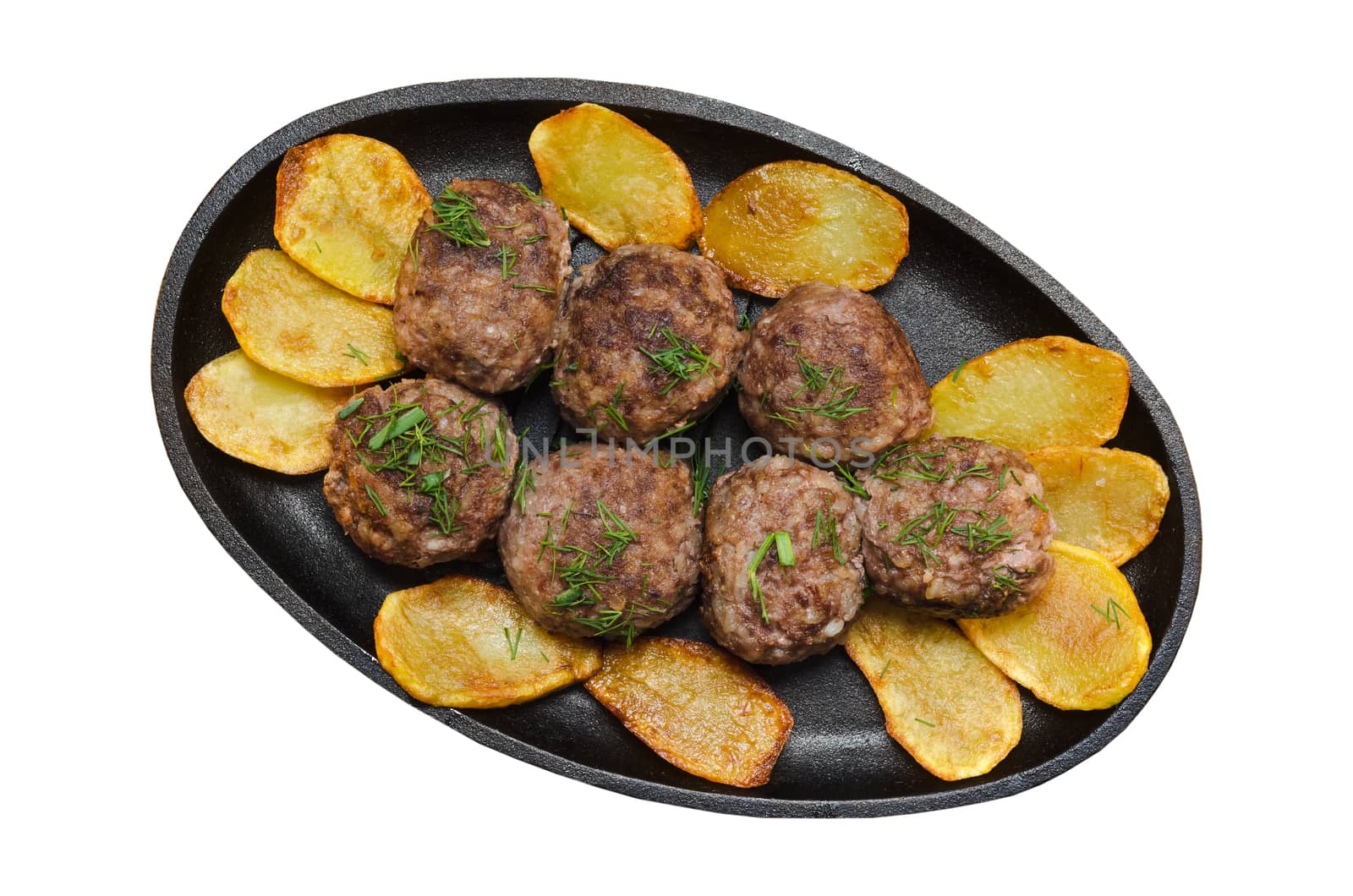 Fried meatballs with rice and French fries, on a white background. by Gaina