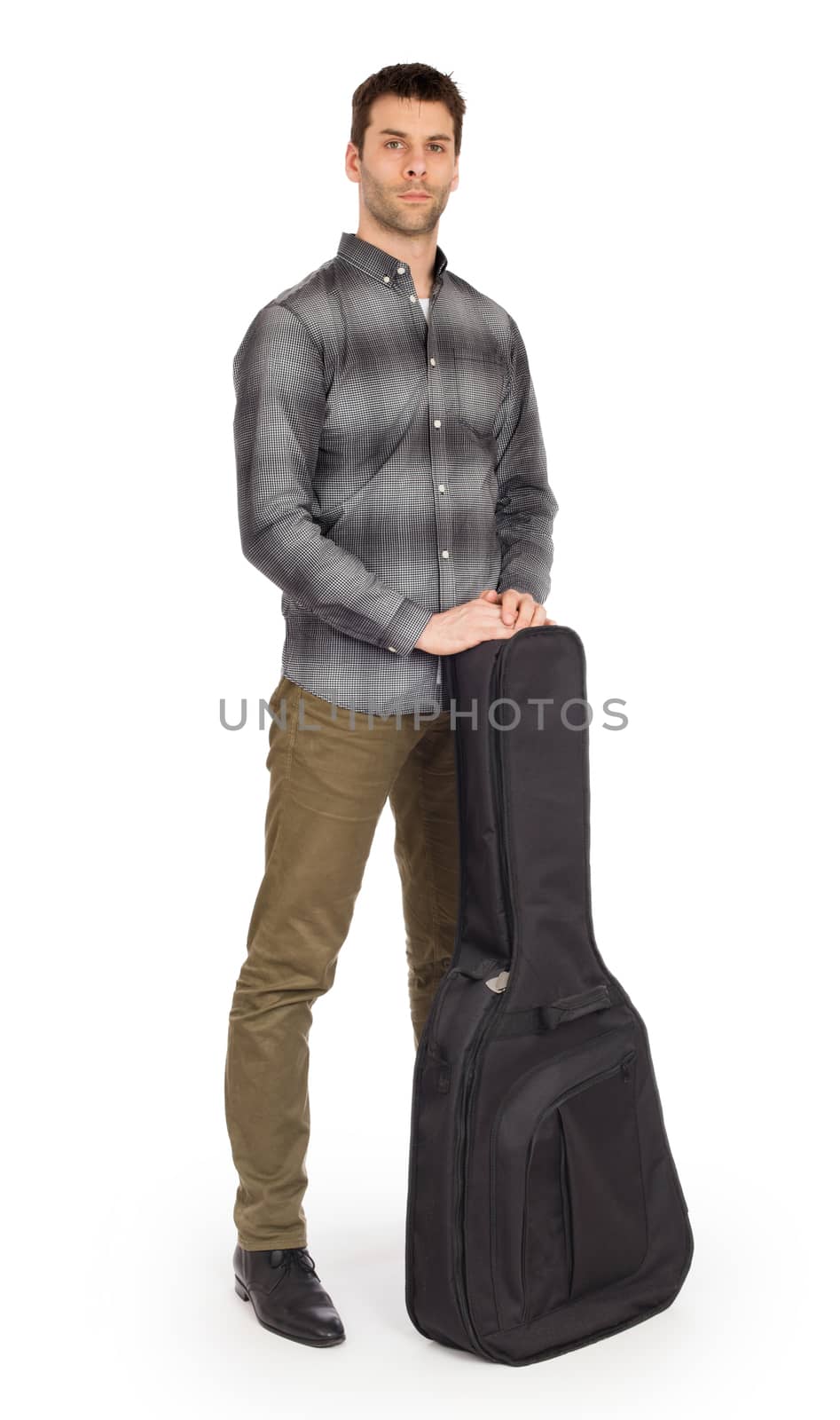 Musican with acoustic guitar in bag isolated on white