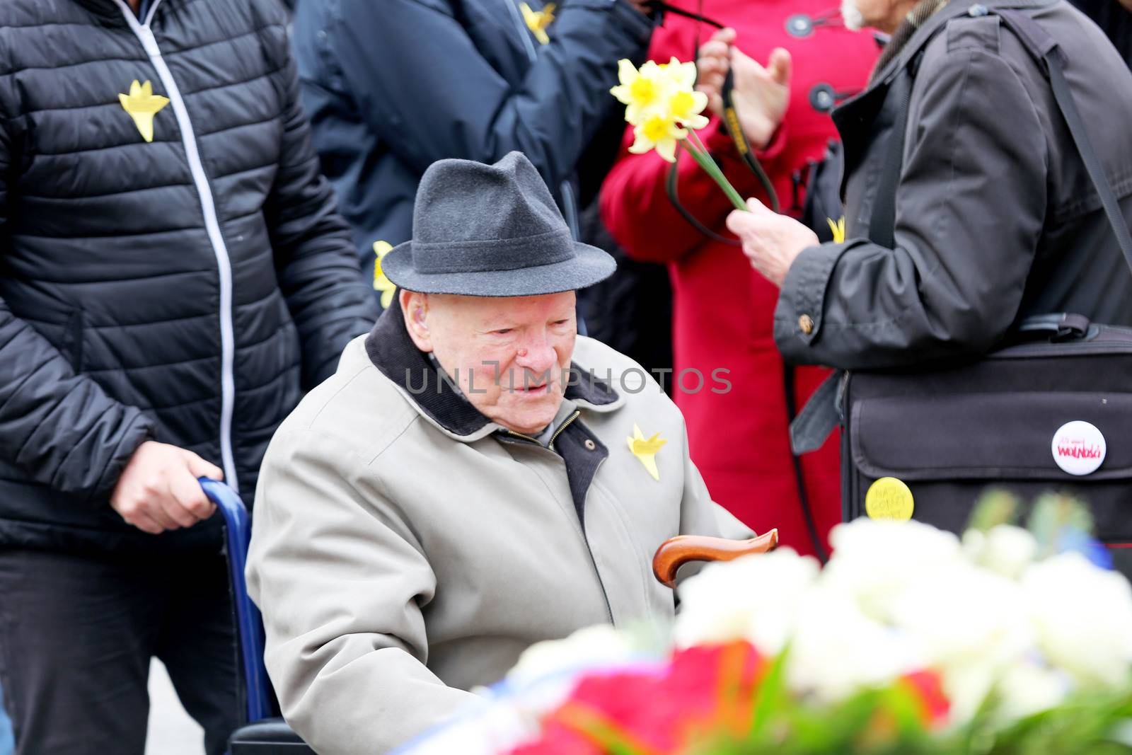 POLAND, Warsaw: An elderly man look on at the Ghetto Heroes Monument in Warsaw, Poland on April 19, 2016, on the 73rd anniversary of the Warsaw Ghetto uprising.Members of the state and local governments, ambassadors, as well as those who are Righteous Among Nations attended the anniversary. The ceremony took place at the spot of the first armed clashes in 1943. The uprising started when Jewish residents of the ghetto refused surrender to the Nazi police commander. The entire ghetto was burned and the clashes ended on May 16. An estimated 13,000 people in the ghetto were killed in the revolt.