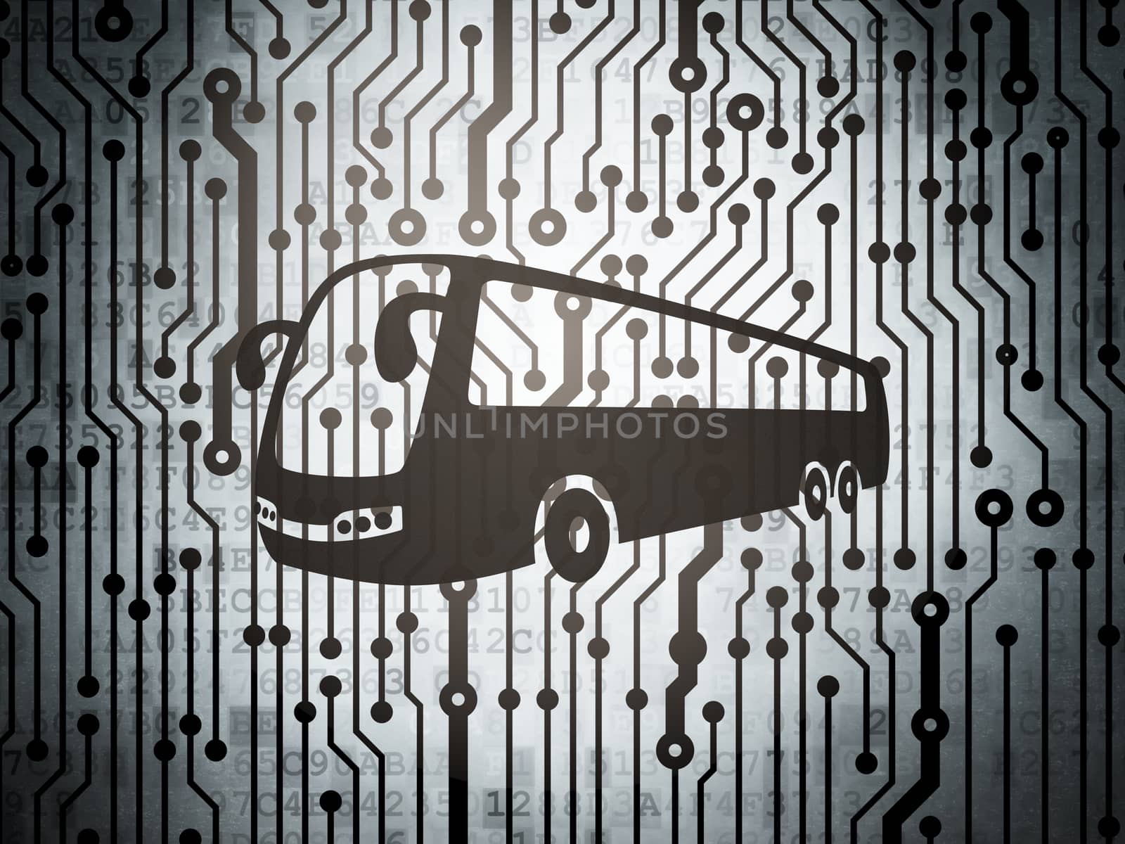 Vacation concept: circuit board with  Bus icon, 3D rendering