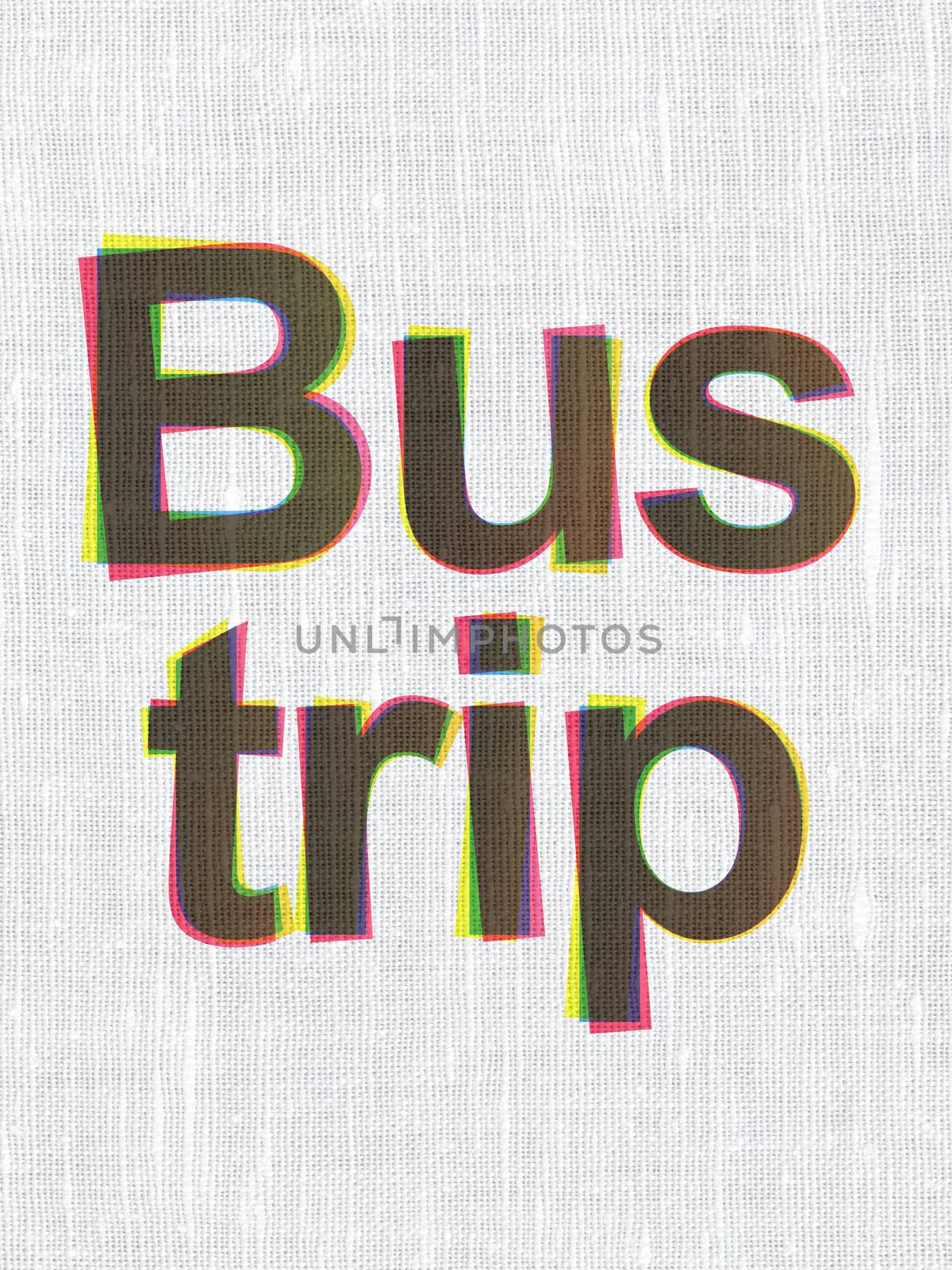 Tourism concept: CMYK Bus Trip on linen fabric texture background