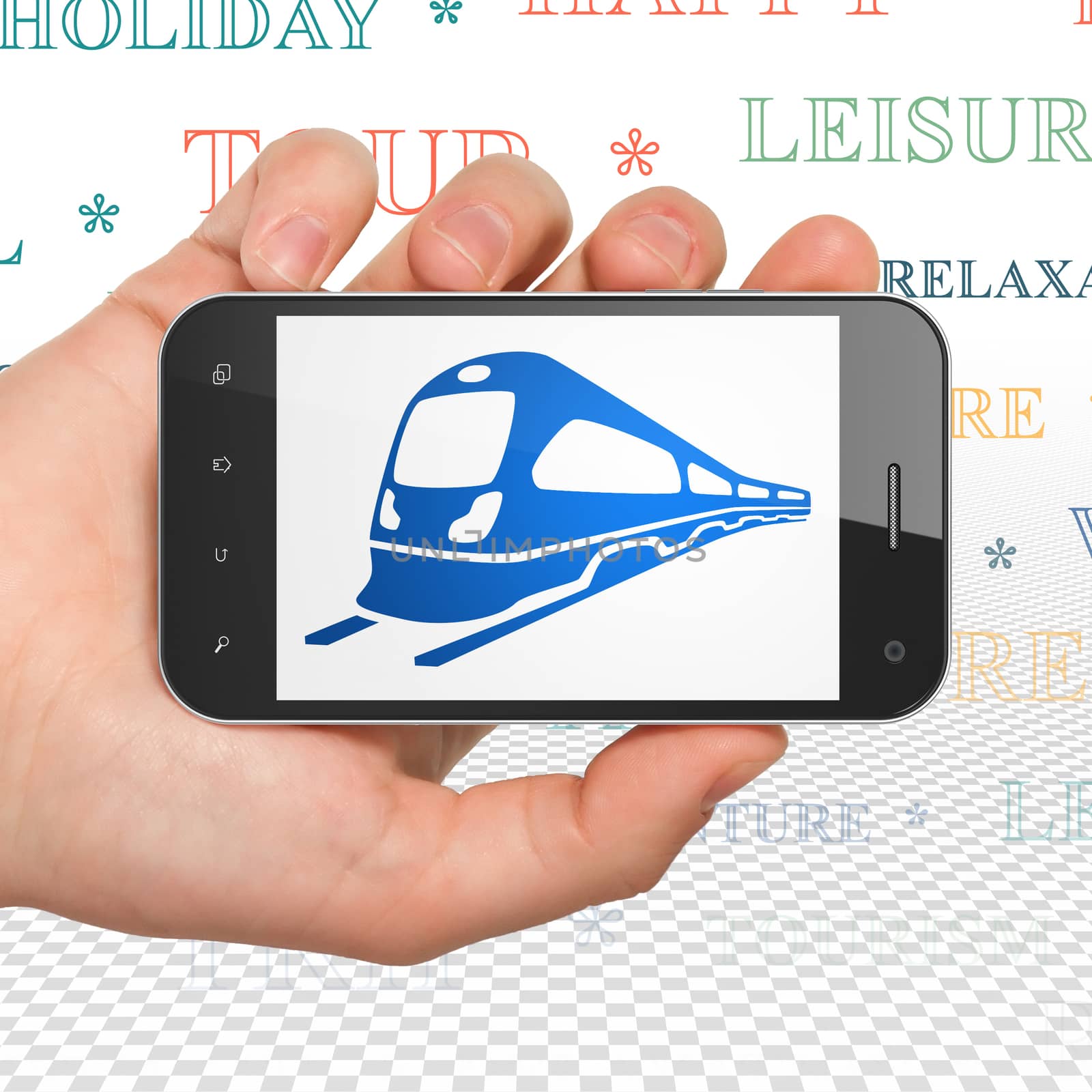 Vacation concept: Hand Holding Smartphone with  blue Train icon on display,  Tag Cloud background, 3D rendering