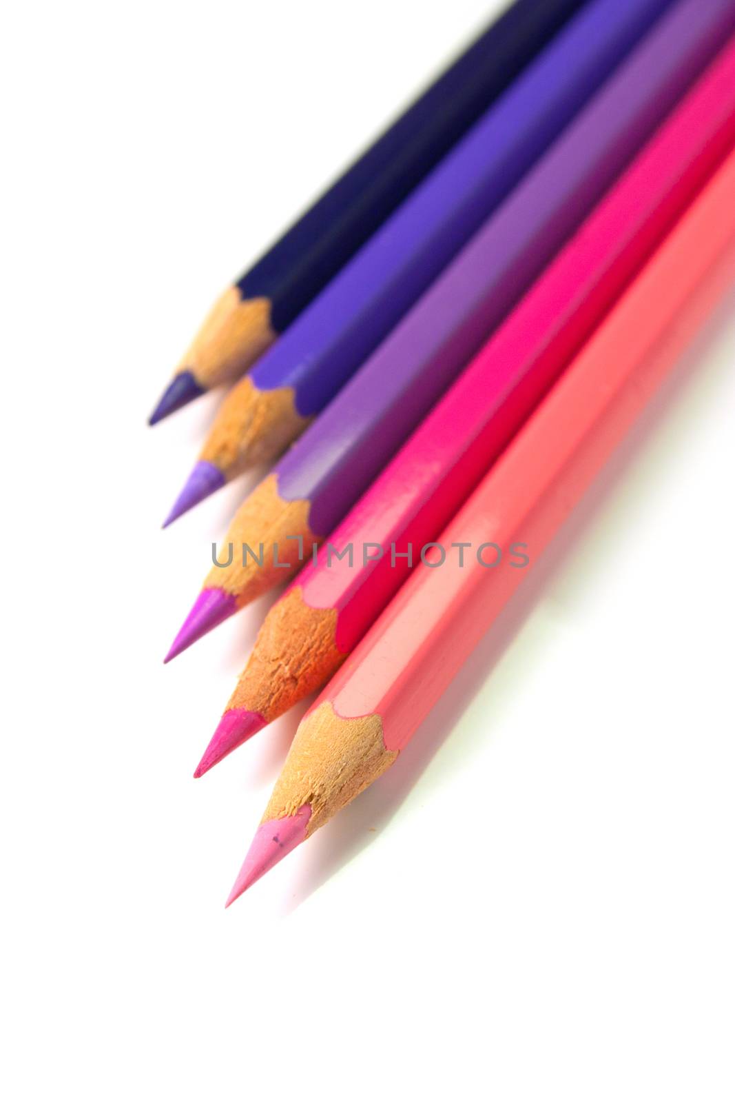 An assortment of purple color pencils on white background