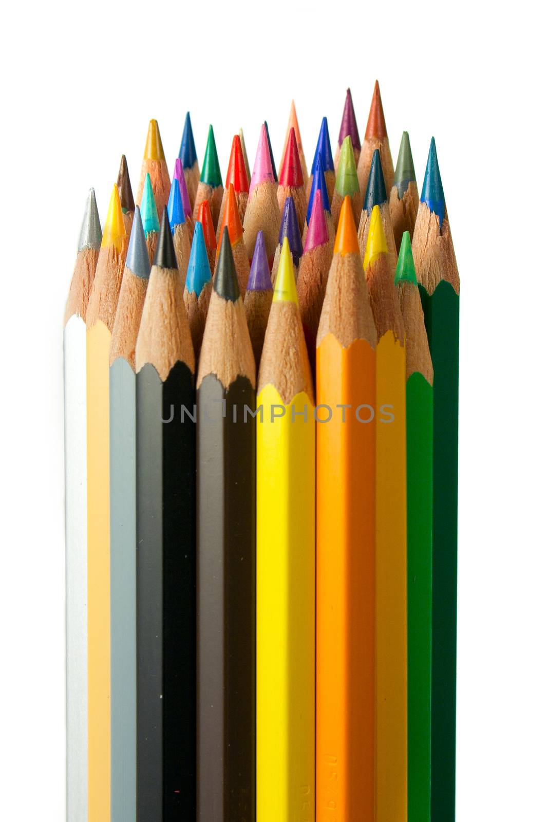 An assortment of color pencils on white background