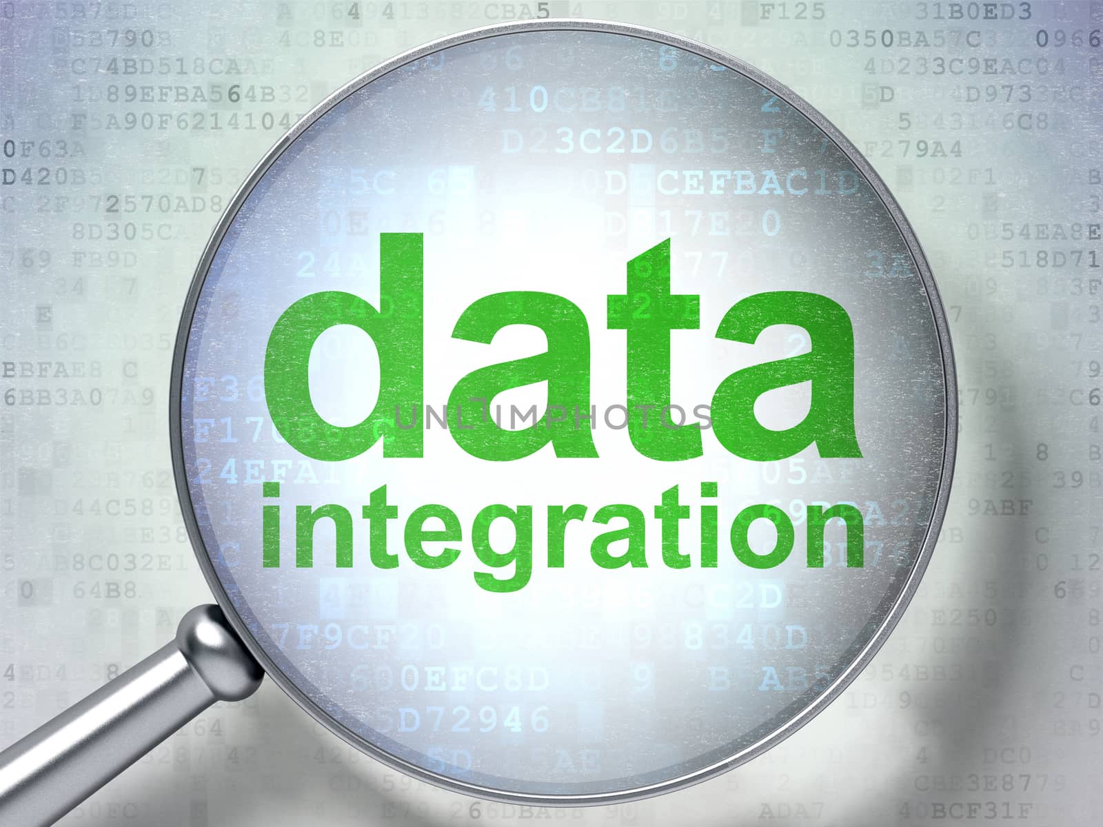 Information concept: magnifying optical glass with words Data Integration on digital background, 3D rendering