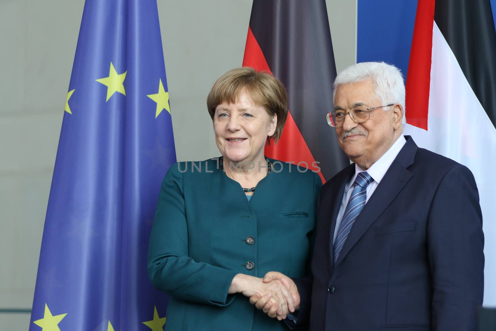 GERMANY, Berlin: German Chancellor Angela Merkel shakes hands with Palestinian President Mahmoud Abbas at the chancellery in Berlin on April 19, 2016.The meeting covered the bilateral relations of the nations, the developments in the Palestinian territories and the Middle East peace process. 