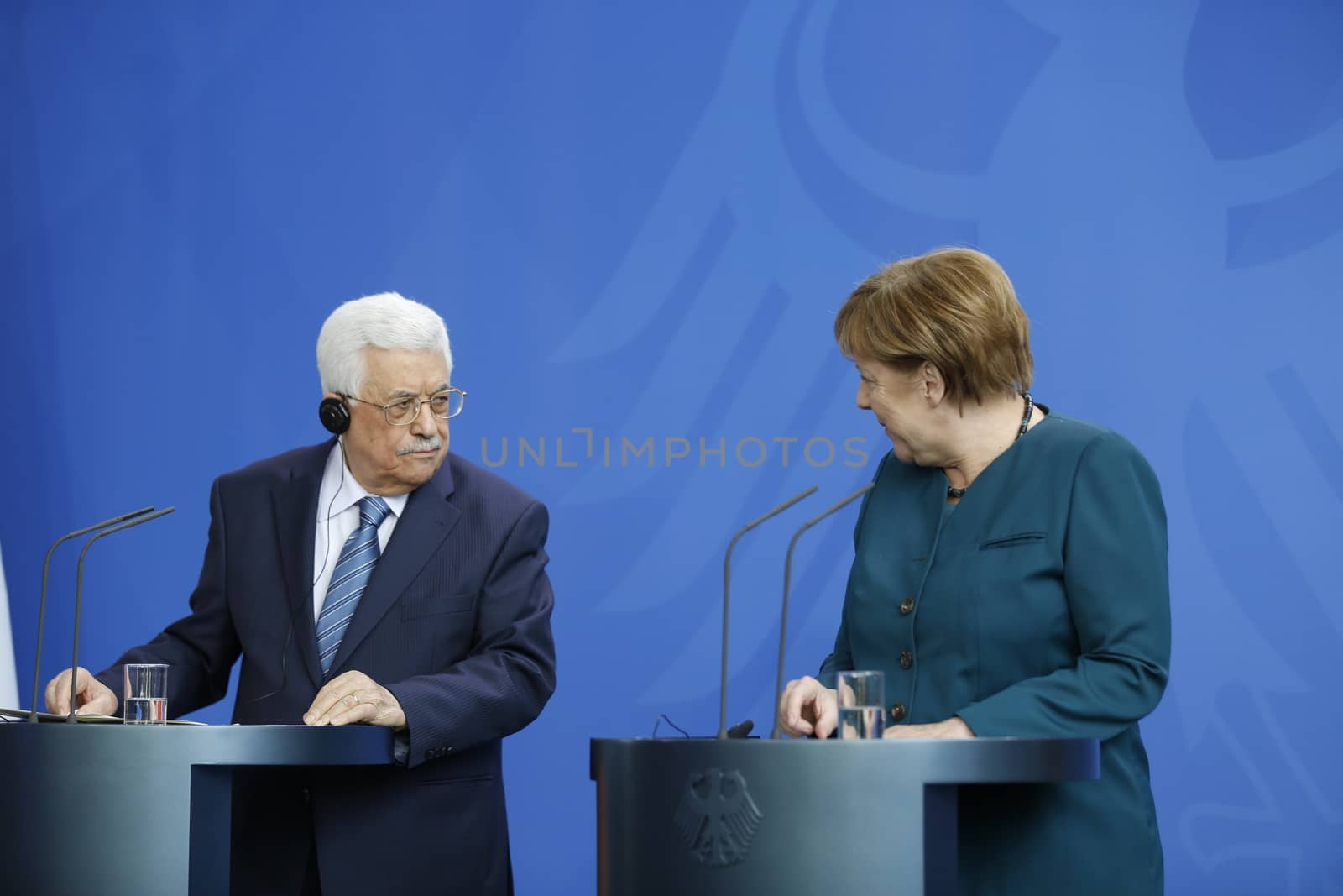 GERMANY, Berlin: German Chancellor Angela Merkel talks with Palestinian President Mahmoud Abbas at the chancellery in Berlin on April 19, 2016.The meeting covered the bilateral relations of the nations, the developments in the Palestinian territories and the Middle East peace process. 