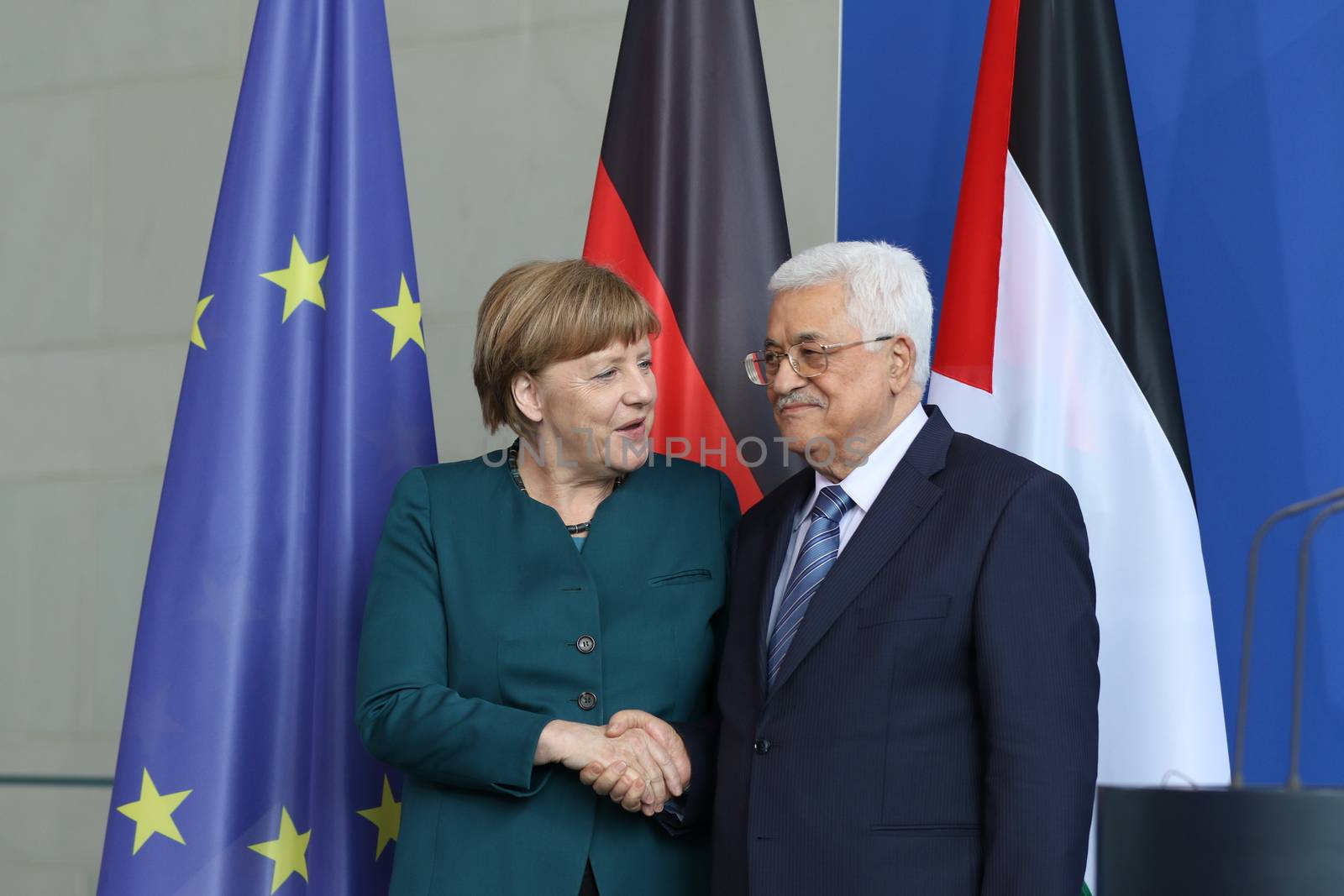 GERMANY, Berlin: German Chancellor Angela Merkel shakes hands with Palestinian President Mahmoud Abbas at the chancellery in Berlin on April 19, 2016.The meeting covered the bilateral relations of the nations, the developments in the Palestinian territories and the Middle East peace process. 