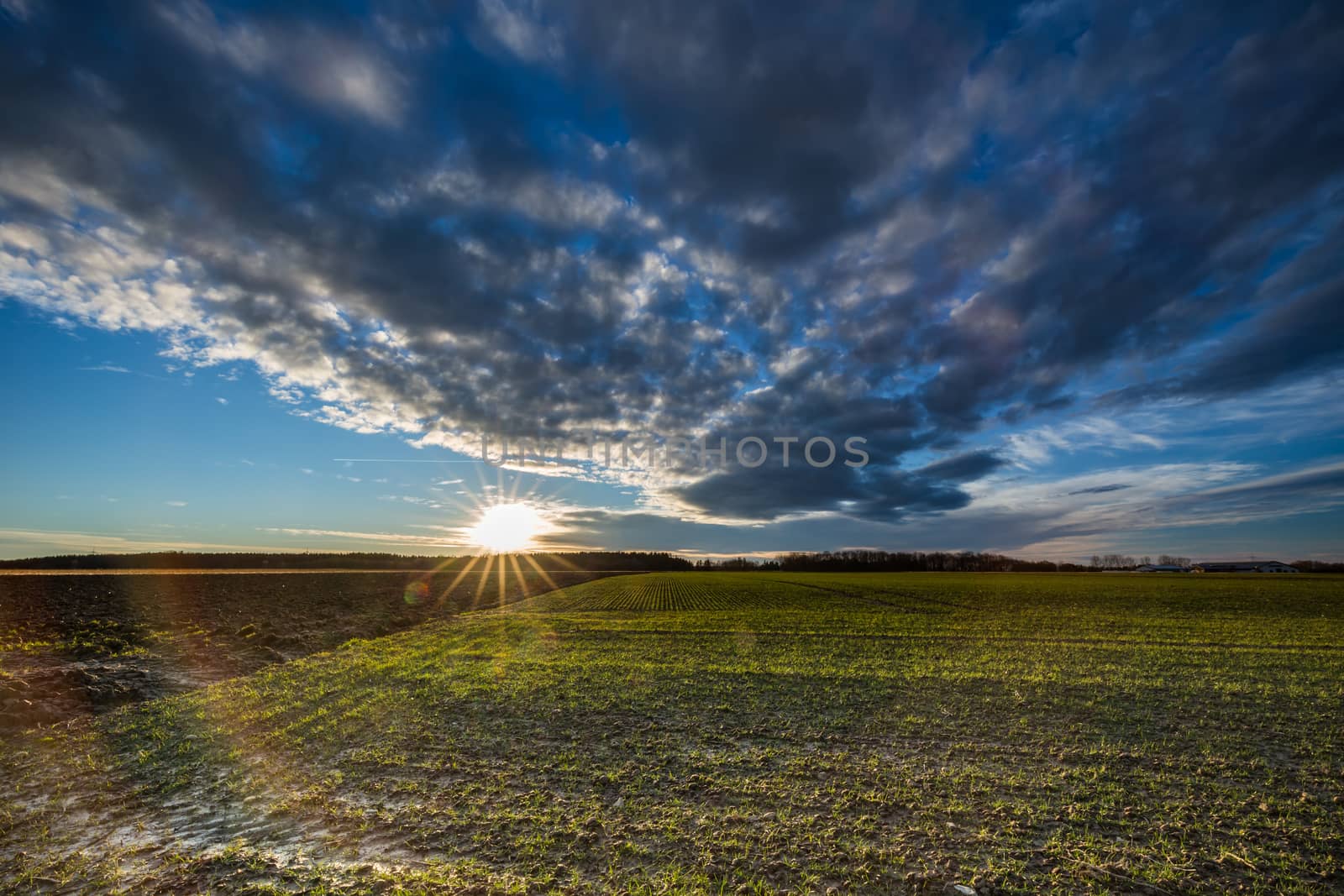 Sunstar on the horizon on blue sky with ominous clouds over a field with rests of snow