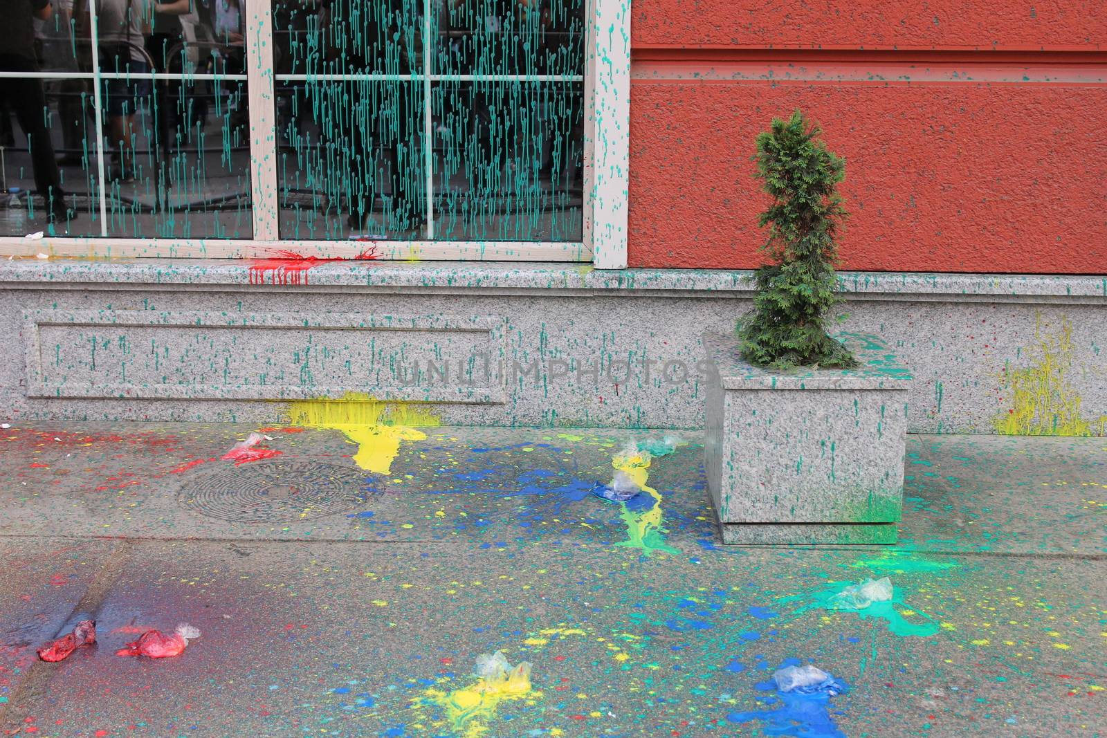 MACEDONIA, Skopje: Paint spatter covers the ground as thousands continue anti-government protests in Skopje, Macedonia on April 19, 2016. The protests began nearly one week ago, as demonstrators denounced President Gjorge Ivanov's decision to halt probes into more than 50 public figures involved in a wiretapping scandal. Meanwhile, snap elections have been called for June 5.