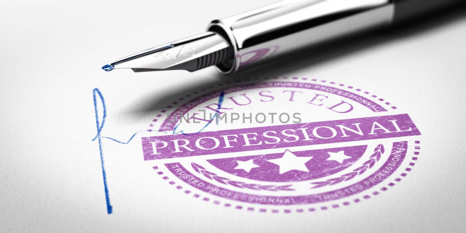 Trusted Professionnal rubber stamp mark imprinted on a paper texture with signature and fountain pen. Concept image for illustration of trustworthy business partner.