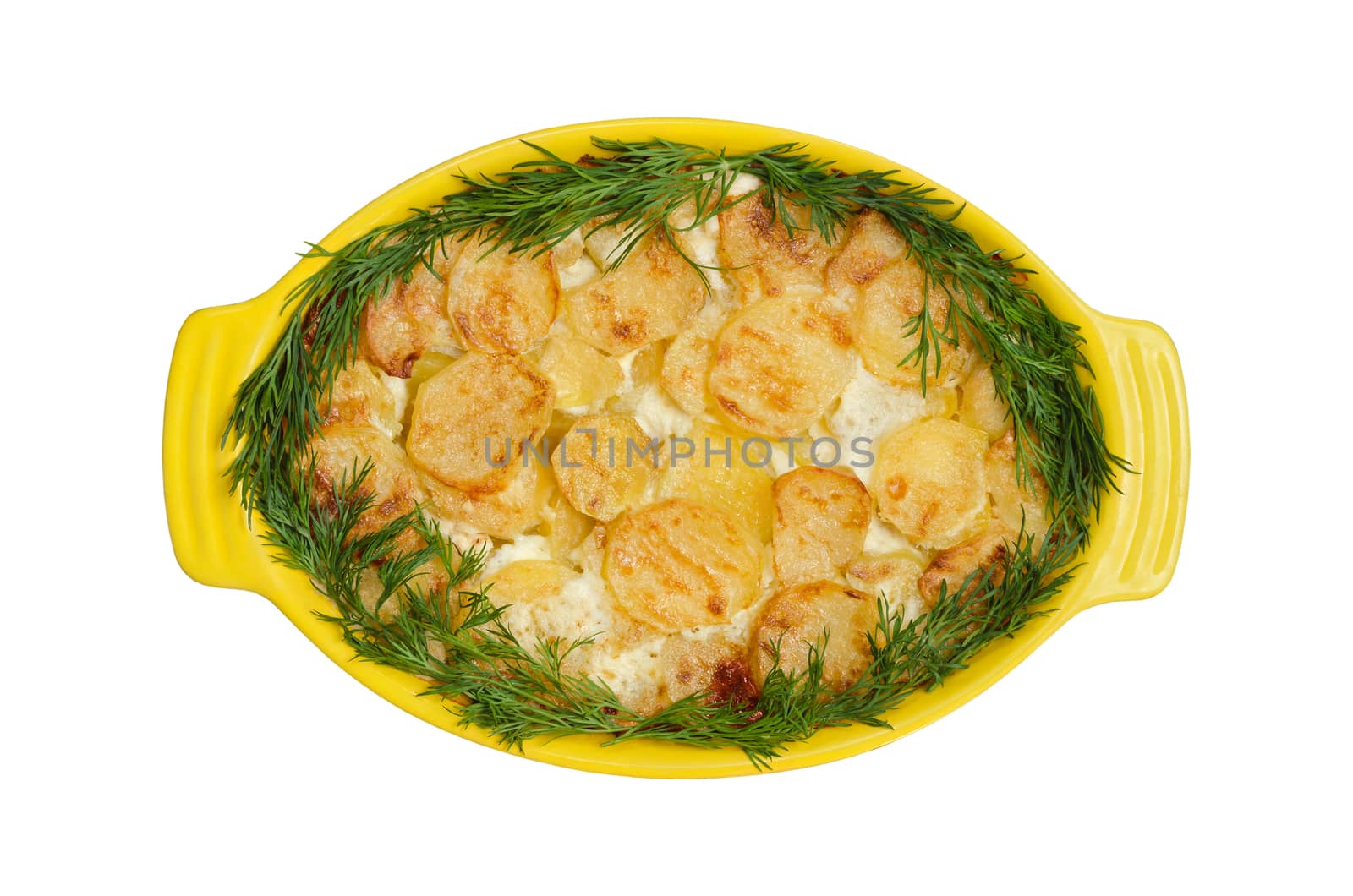 Potato slices with dill, baked in cream, isolated on white background
