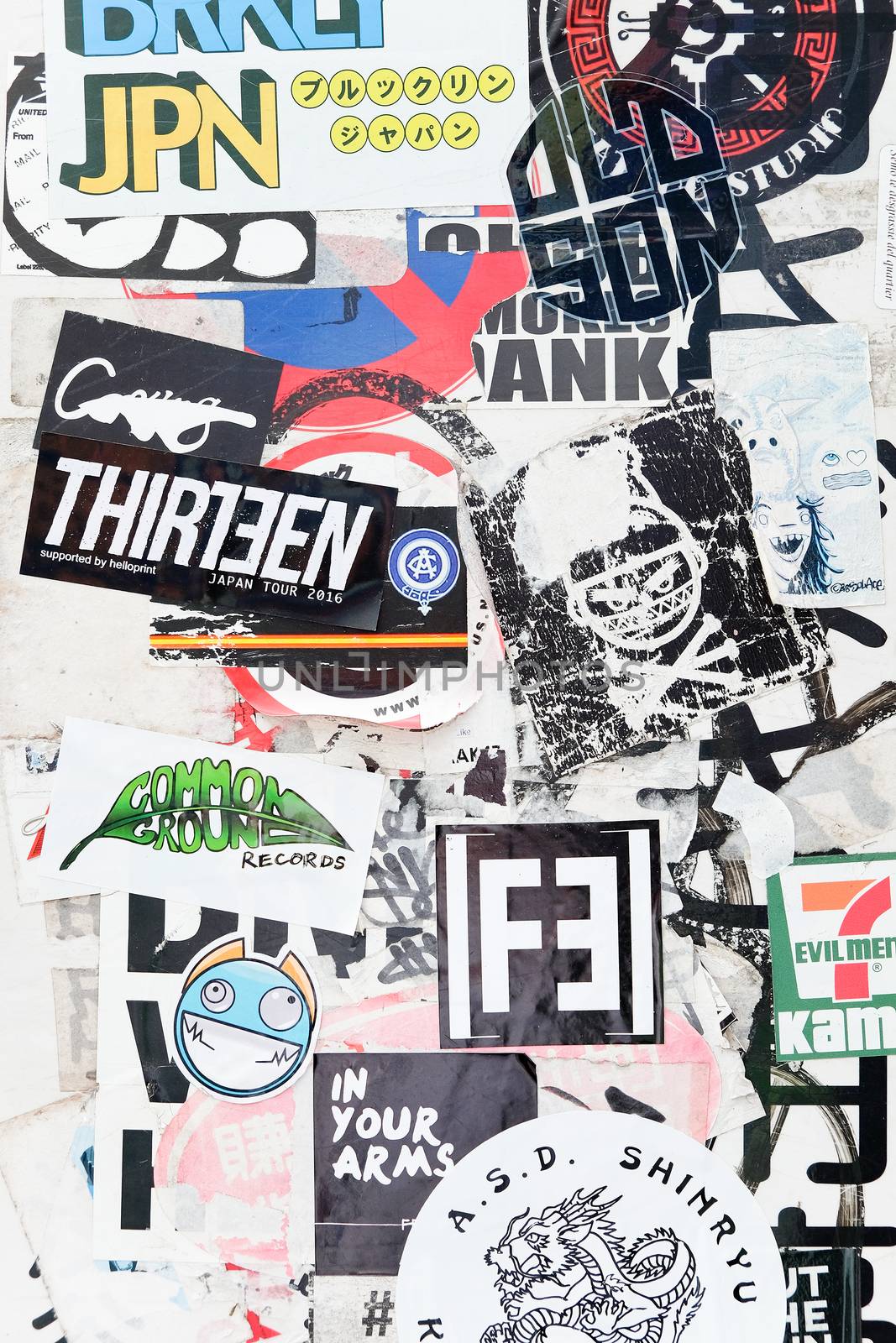 Tokyo, Japan - March 30, 2016 :Bumper stickers and graffiti on the street,Harajuku,Tokyo Japan.Harajuku is known as a center of Japanese youth culture and fashion.