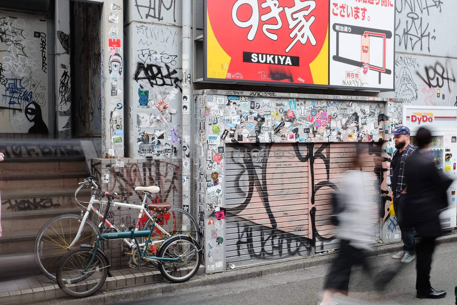 Tokyo, Japan - March 30, 2016 :Bumper stickers and graffiti on the street,Harajuku,Tokyo Japan.Harajuku is known as a center of Japanese youth culture and fashion.