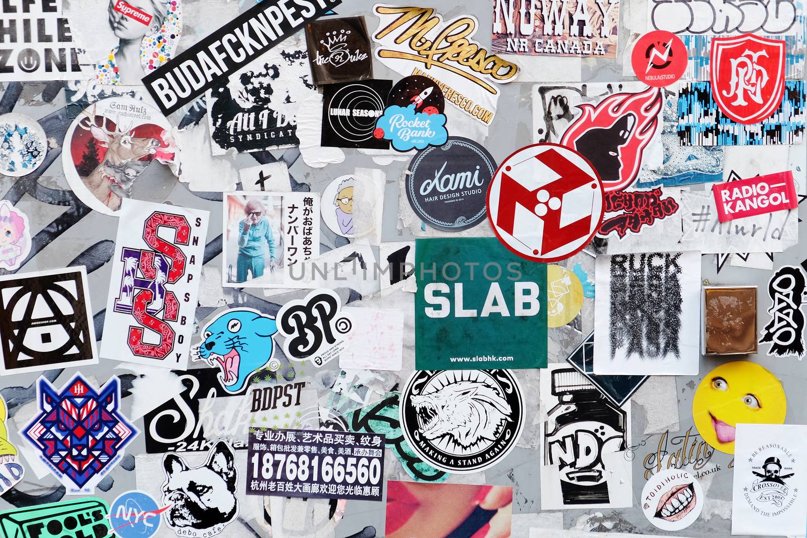 Tokyo, Japan - March 30, 2016 :Bumper stickers and graffiti on the street,Harajuku,Tokyo Japan.Harajuku is known as a center of Japanese youth culture and fashion.