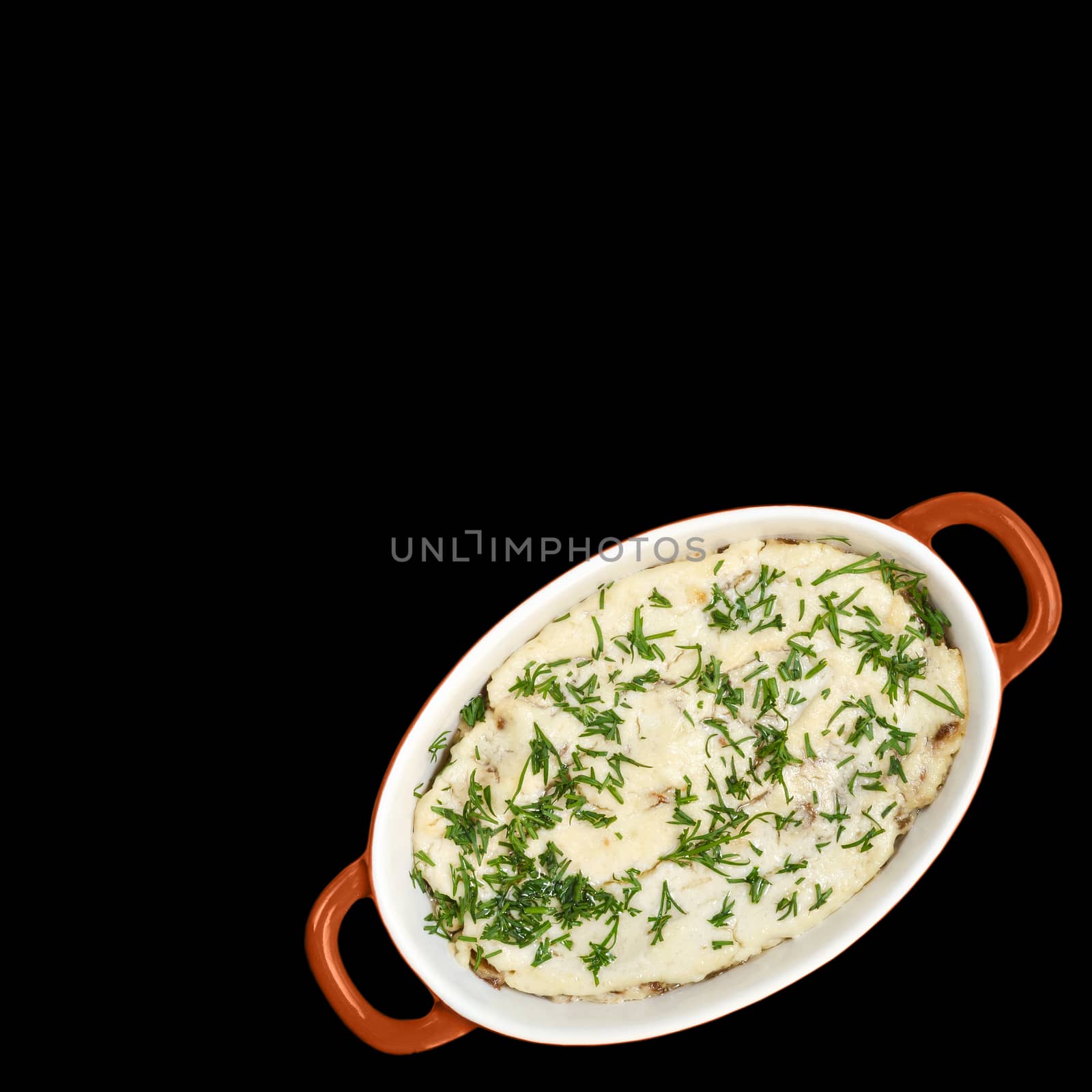 Mushrooms baked in cream sauce, on a black background by Gaina