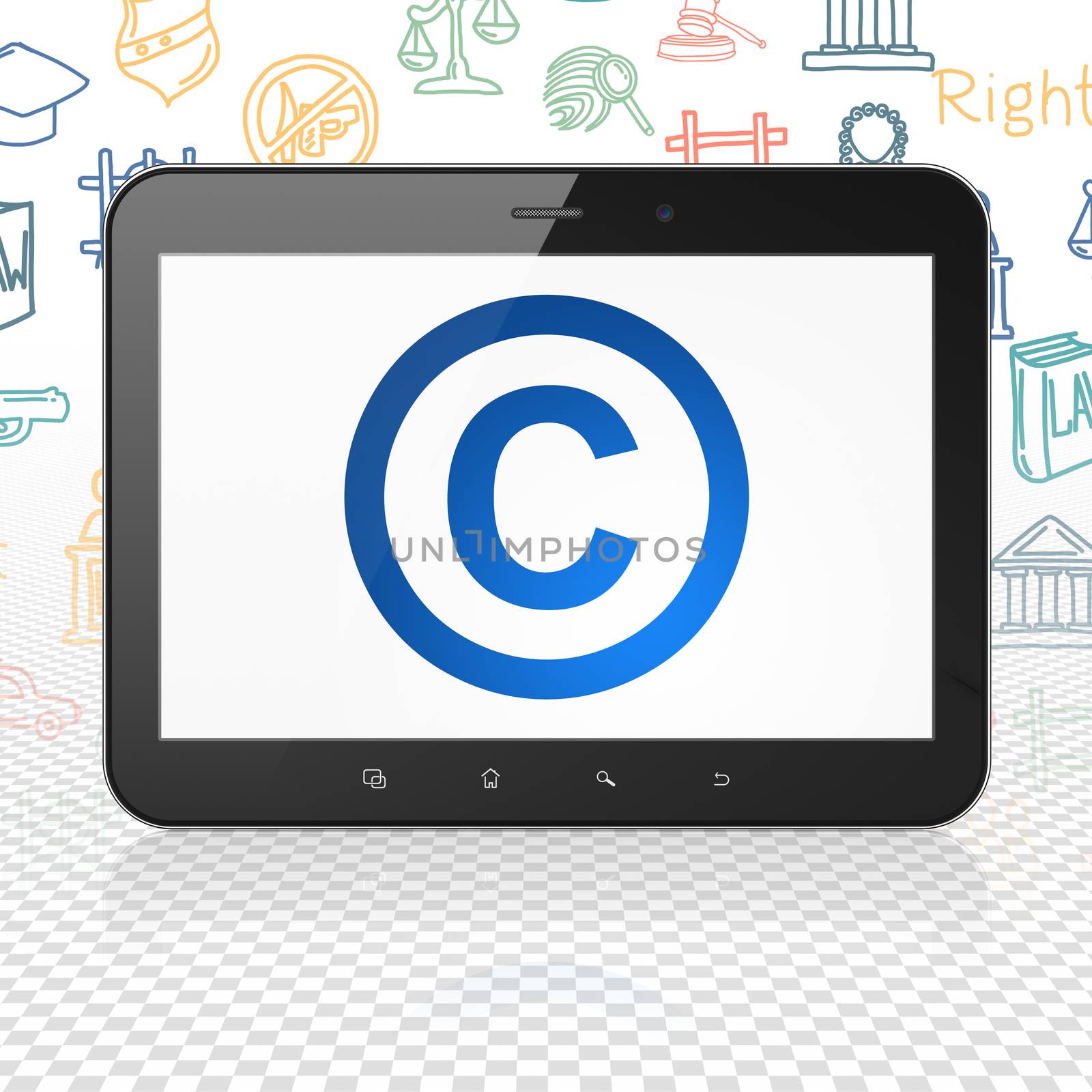 Law concept: Tablet Computer with  blue Copyright icon on display,  Hand Drawn Law Icons background, 3D rendering