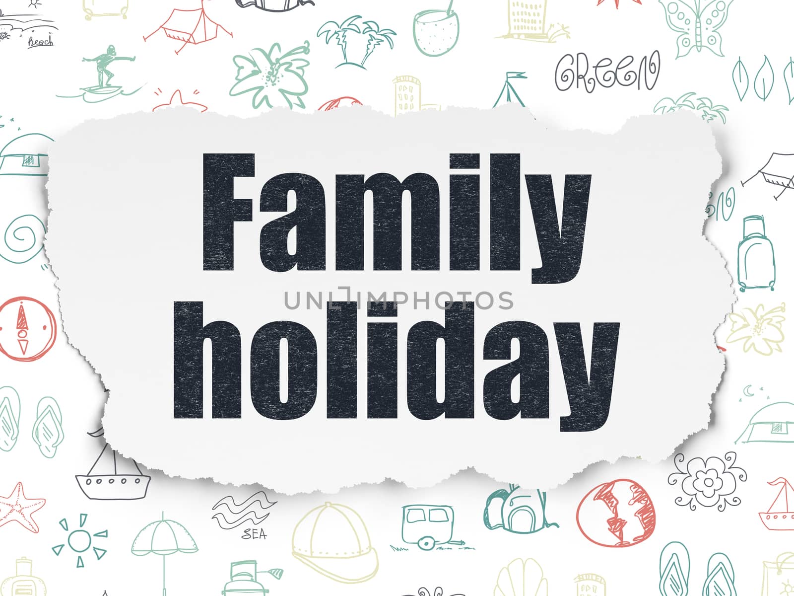 Vacation concept: Painted black text Family Holiday on Torn Paper background with  Hand Drawn Vacation Icons