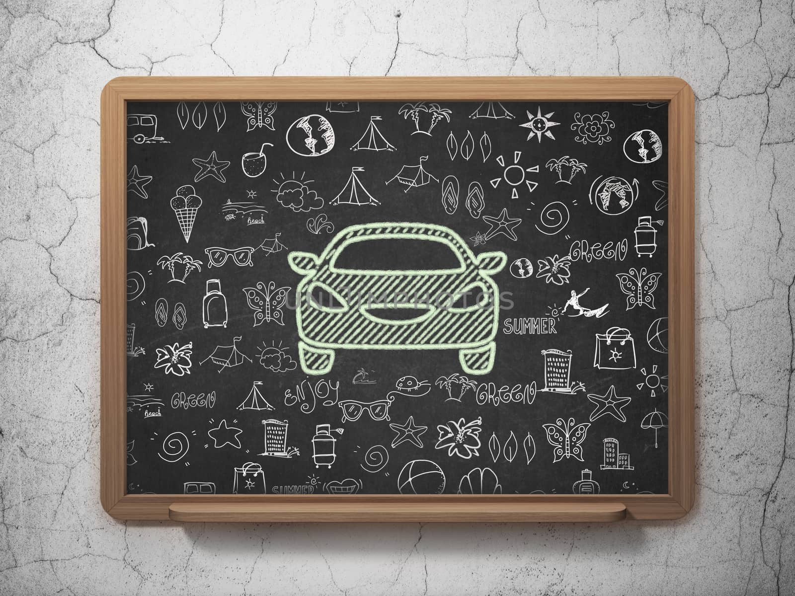 Vacation concept: Chalk Green Car icon on School board background with  Hand Drawn Vacation Icons, 3D Rendering
