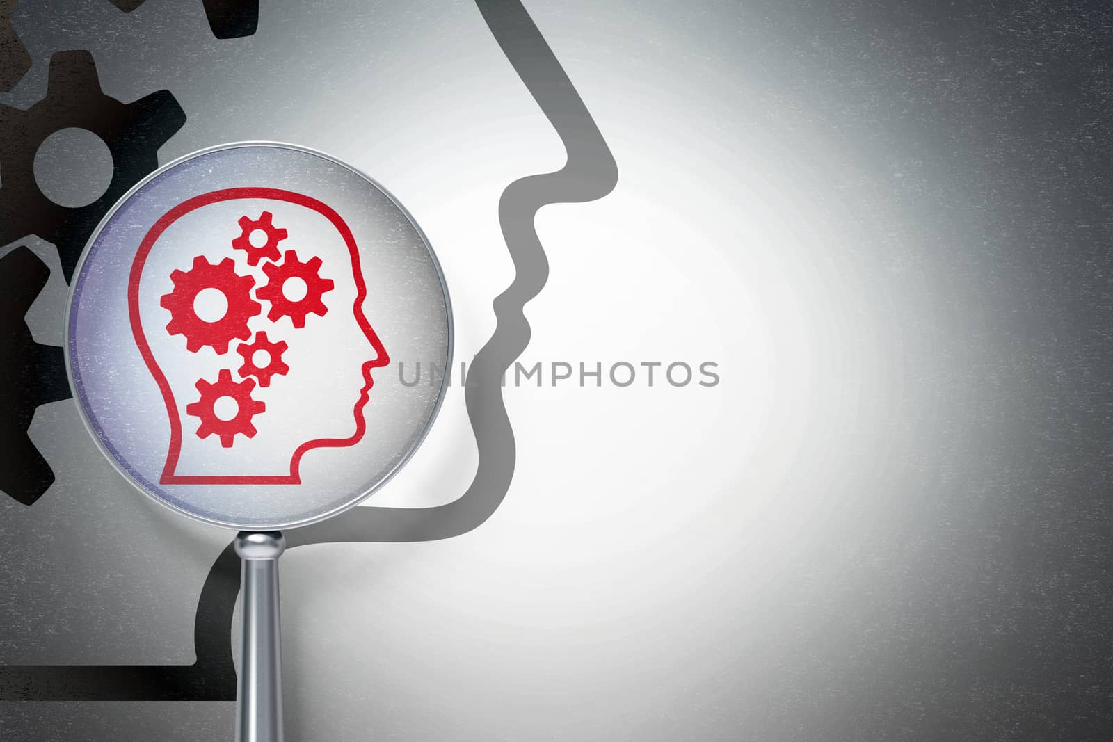 Education concept: magnifying optical glass with Head With Gears icon on digital background, empty copyspace for card, text, advertising, 3D rendering