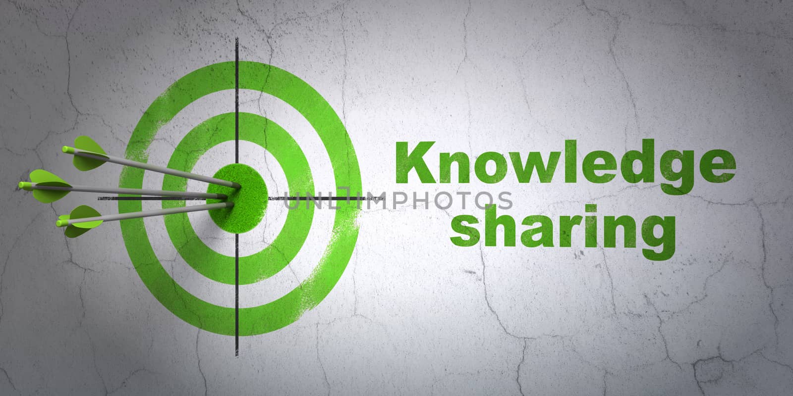 Success Learning concept: arrows hitting the center of target, Green Knowledge Sharing on wall background, 3D rendering