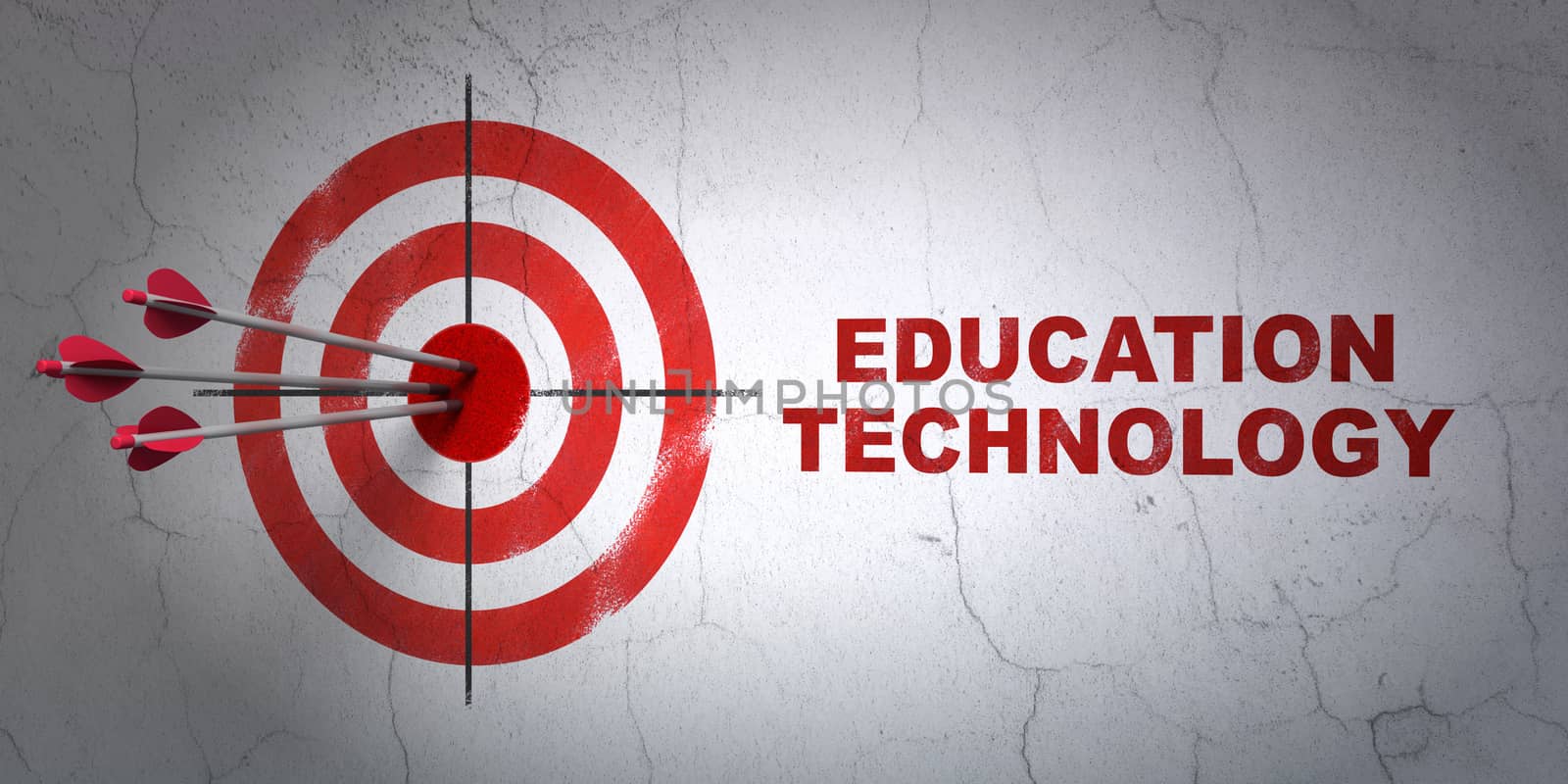 Success Studying concept: arrows hitting the center of target, Red Education Technology on wall background, 3D rendering