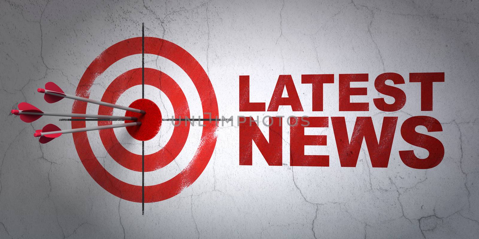 Success news concept: arrows hitting the center of target, Red Latest News on wall background, 3D rendering