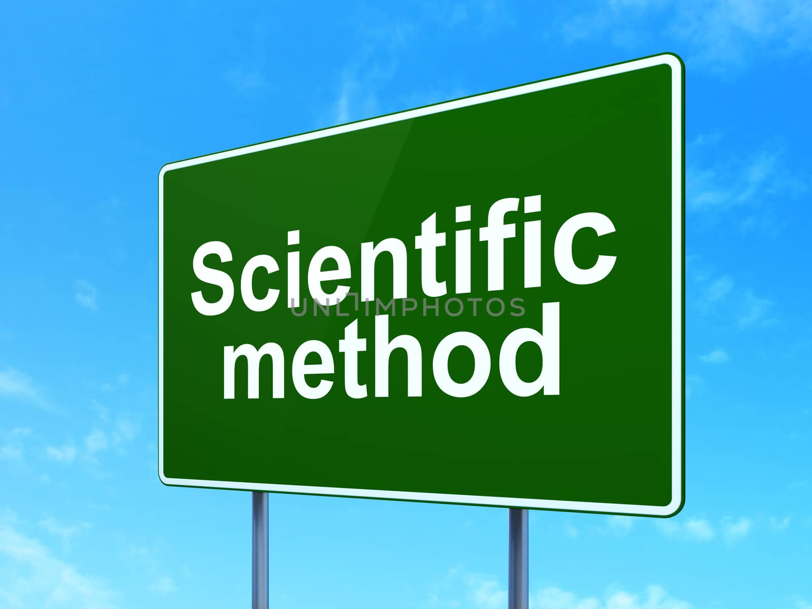 Science concept: Scientific Method on green road highway sign, clear blue sky background, 3D rendering