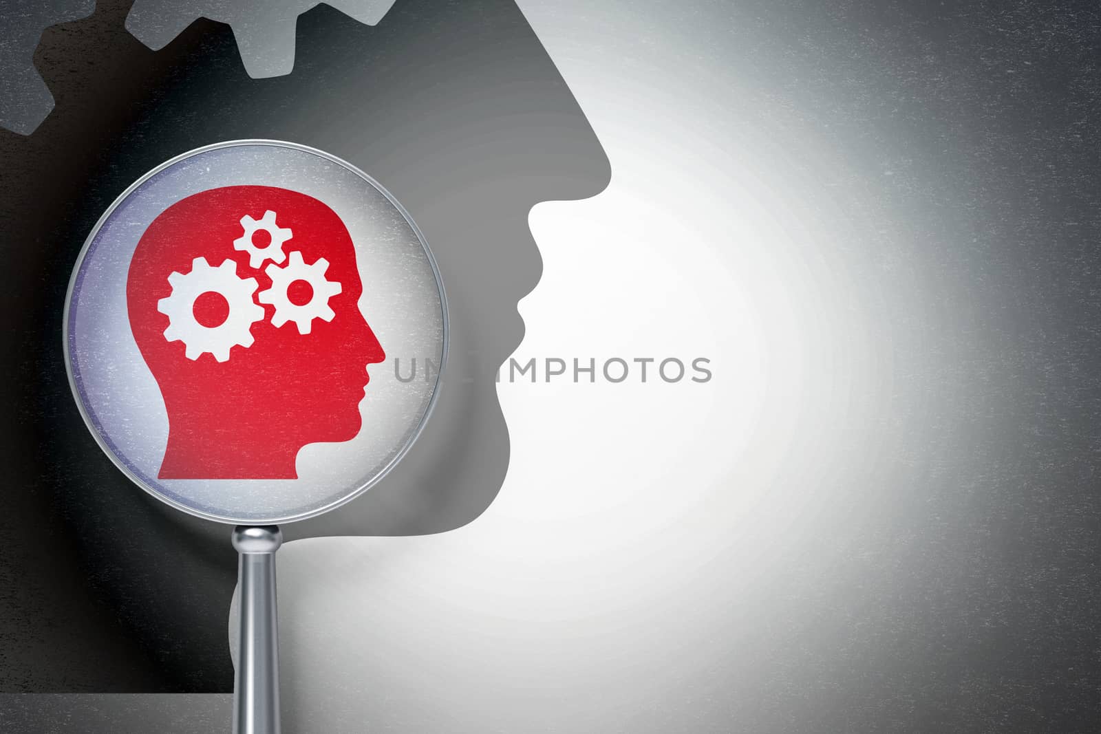 Marketing concept: magnifying optical glass with Head With Gears icon on digital background, empty copyspace for card, text, advertising, 3D rendering