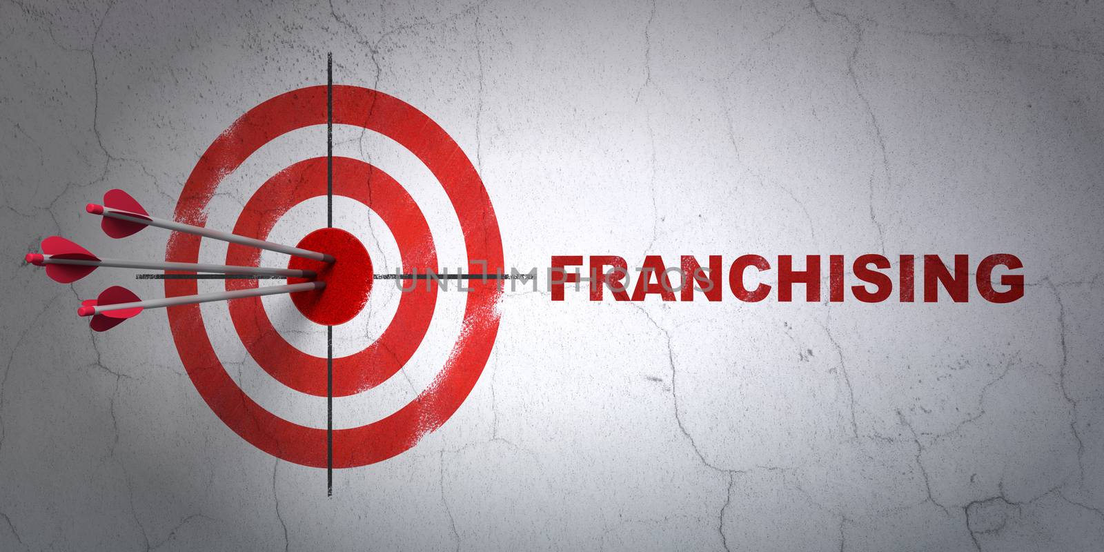 Success finance concept: arrows hitting the center of target, Red Franchising on wall background, 3D rendering