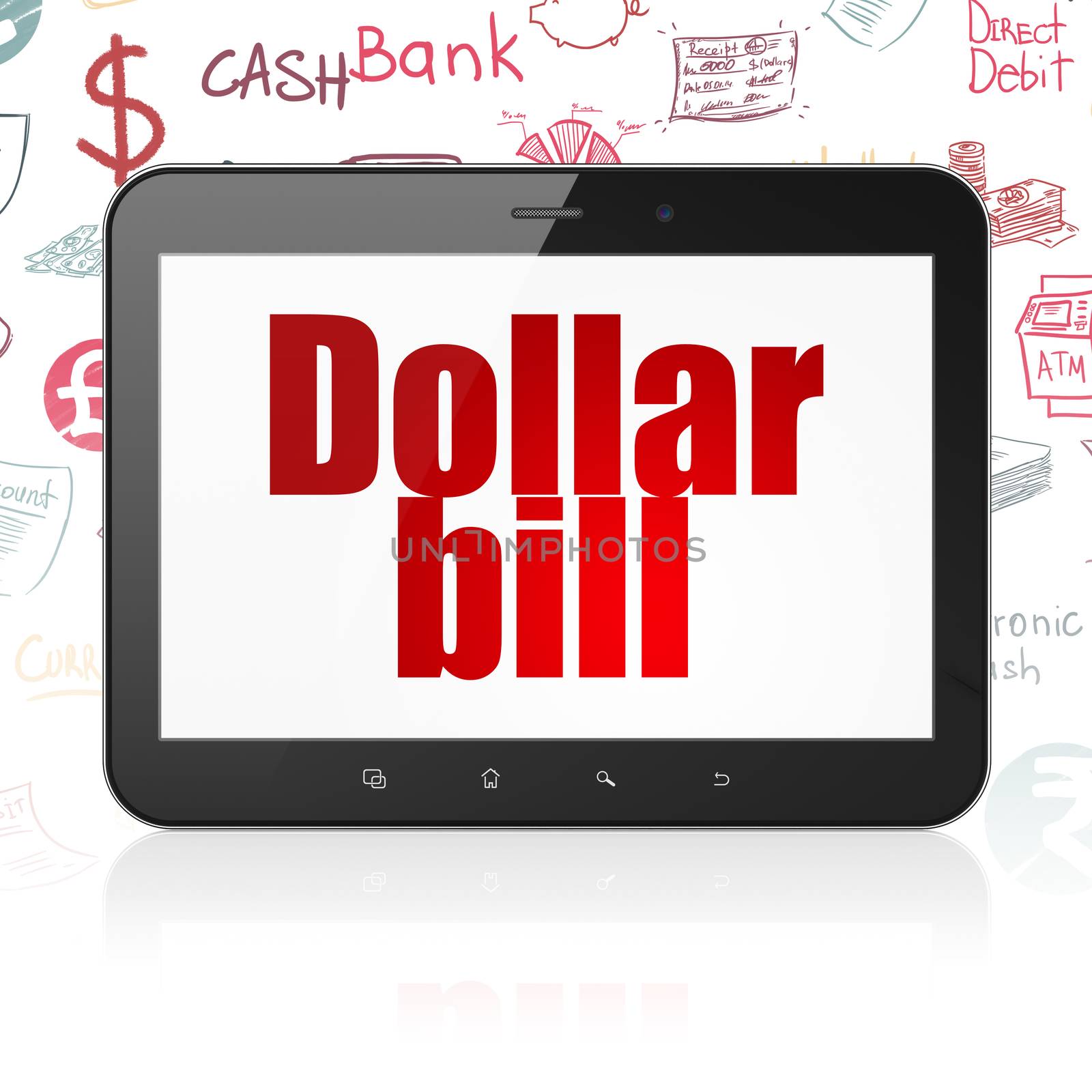 Banking concept: Tablet Computer with  red text Dollar Bill on display,  Hand Drawn Finance Icons background, 3D rendering