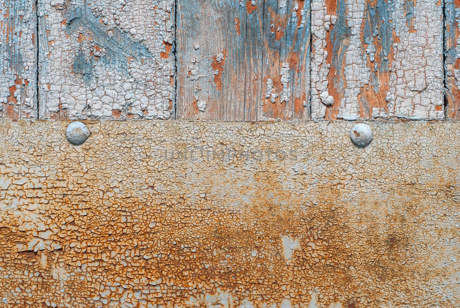 wood planks, rusty iron sheet with remnants of old paint, great background or texture for your project by uvisni