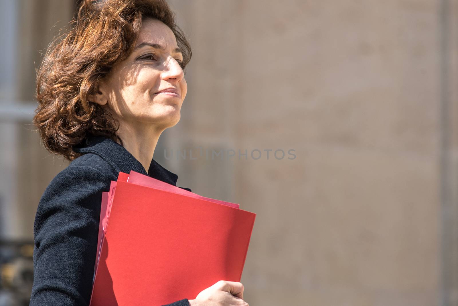 FRANCE, Paris: French minister for Culture Audrey Azoulay leaves the Elysee presidential Palace following the weekly cabinet meeting, on April 20, 2016 in Paris.